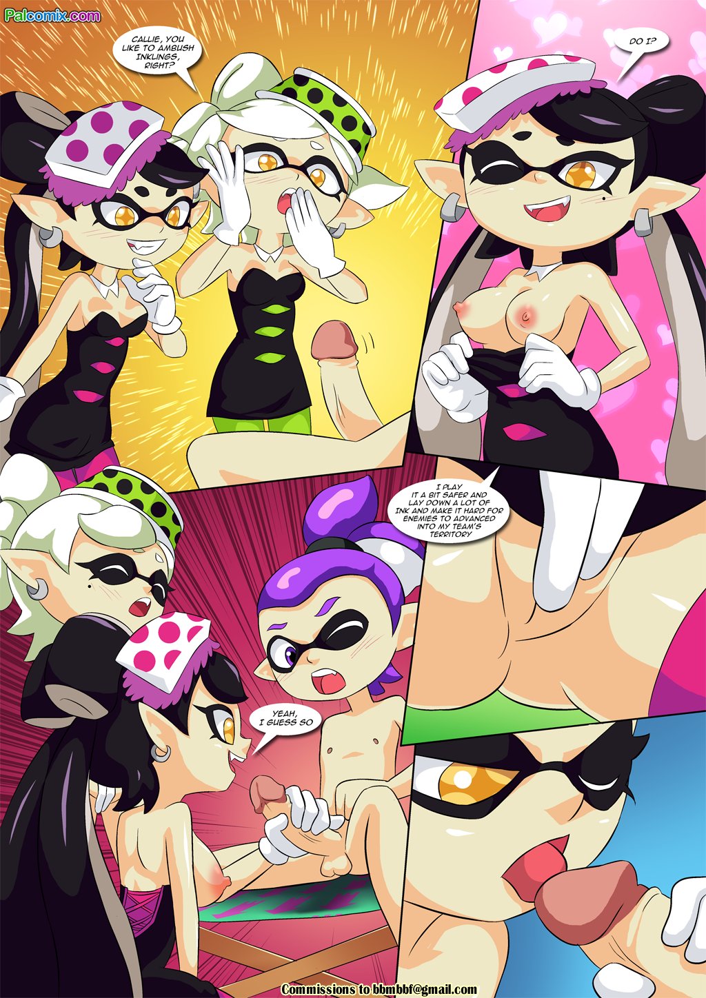 1boy, 2girls, agent 3 (splatoon), bbmbbf, callie (splatoon), color, dialogue, fellatio, female, handjob, inkling, inkling boy, male, male agent 3 (splatoon), marie (splatoon), nintendo, nude, oral, palcomix, splatoon, splatoon (series), squid sisters, staying fresh, threesome