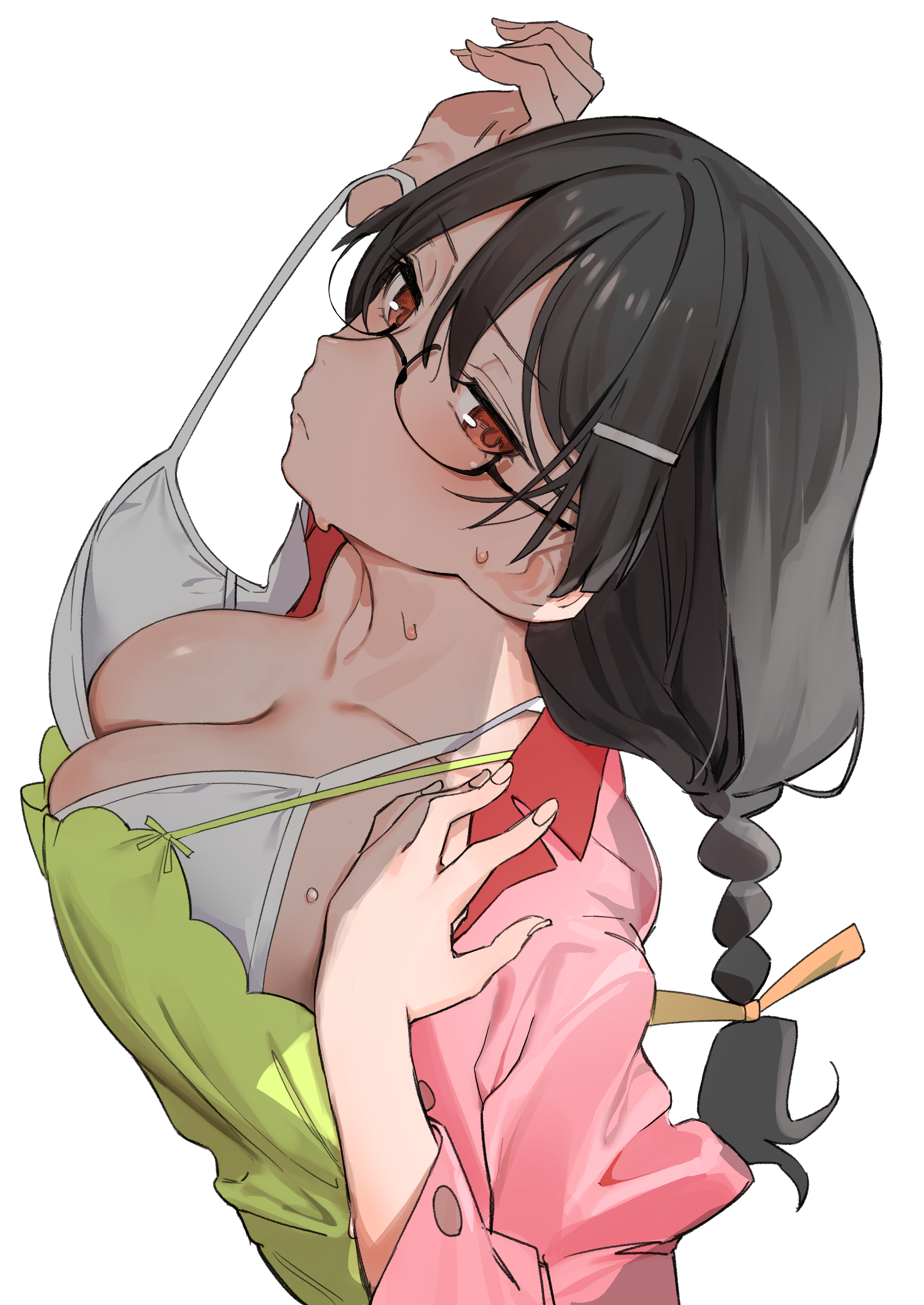 absurdres, black hair, black-framed eyewear, bra, braid, breasts, cleavage, closed mouth, female, glasses, hair ornament, hairclip, hanekawa tsubasa, haruyuki (gffewuoutgblubh), highres, large breasts, long hair, long sleeves, monogatari (series), pink shirt, red eyes, school uniform, shirt, simple background, solo, sweat, underwear, white background, white bra
