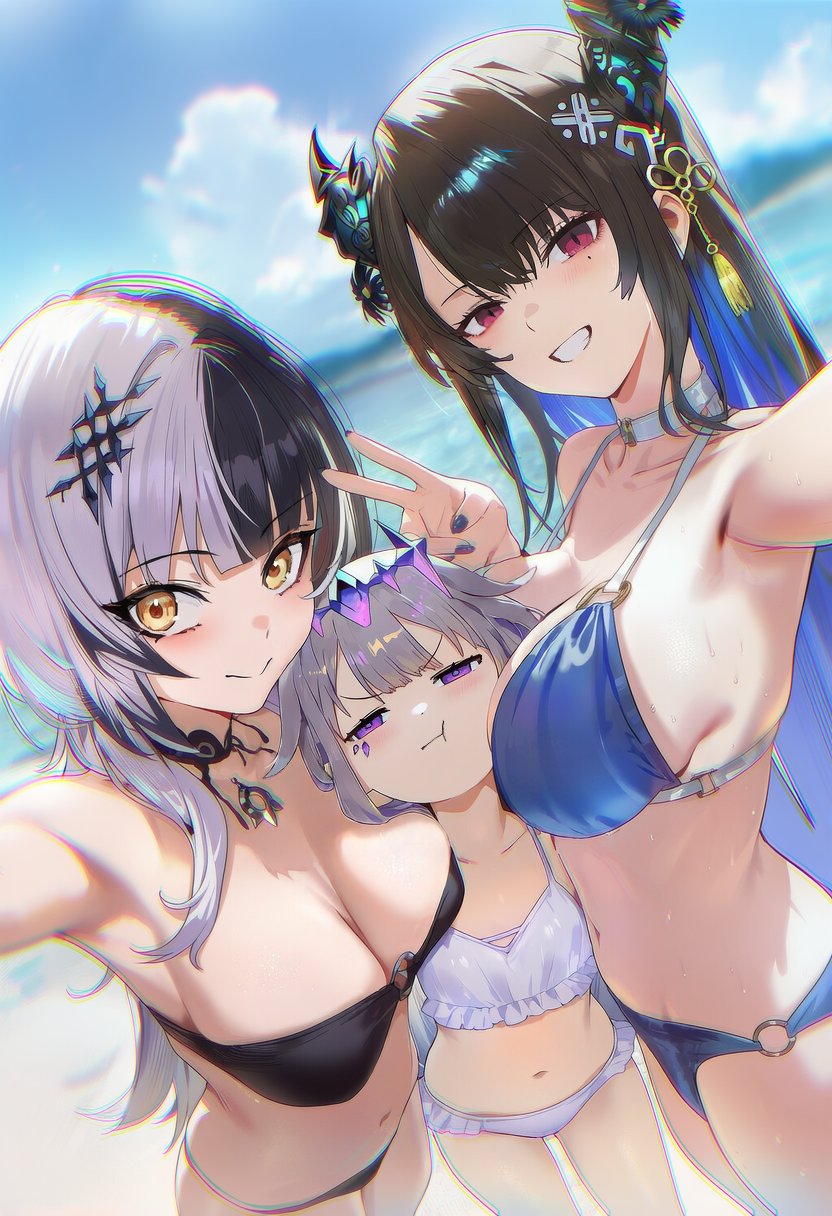 3girls, ai generated, annoyed, armpits, beach, black hair, blue hair, blush, breast envy, breasts, cloud, cloudy sky, double breast smother, female, fingernails, grey hair, hair ornament, half-closed eyes, highres, hololive, hololive english, hololive english -advent-, horns, koseki bijou, large breasts, light blush, long hair, looking at viewer, mole, mole under eye, multicolored hair, multiple females, multiple girls, nail polish, nerissa ravencroft, ocean, purple eyes, red eyes, sand, selfie, shiori novella, shuraillusts, sky, small breasts, smile, streaked hair, swimsuit, taking picture, teeth, v, virtual youtuber, white hair, yellow eyes