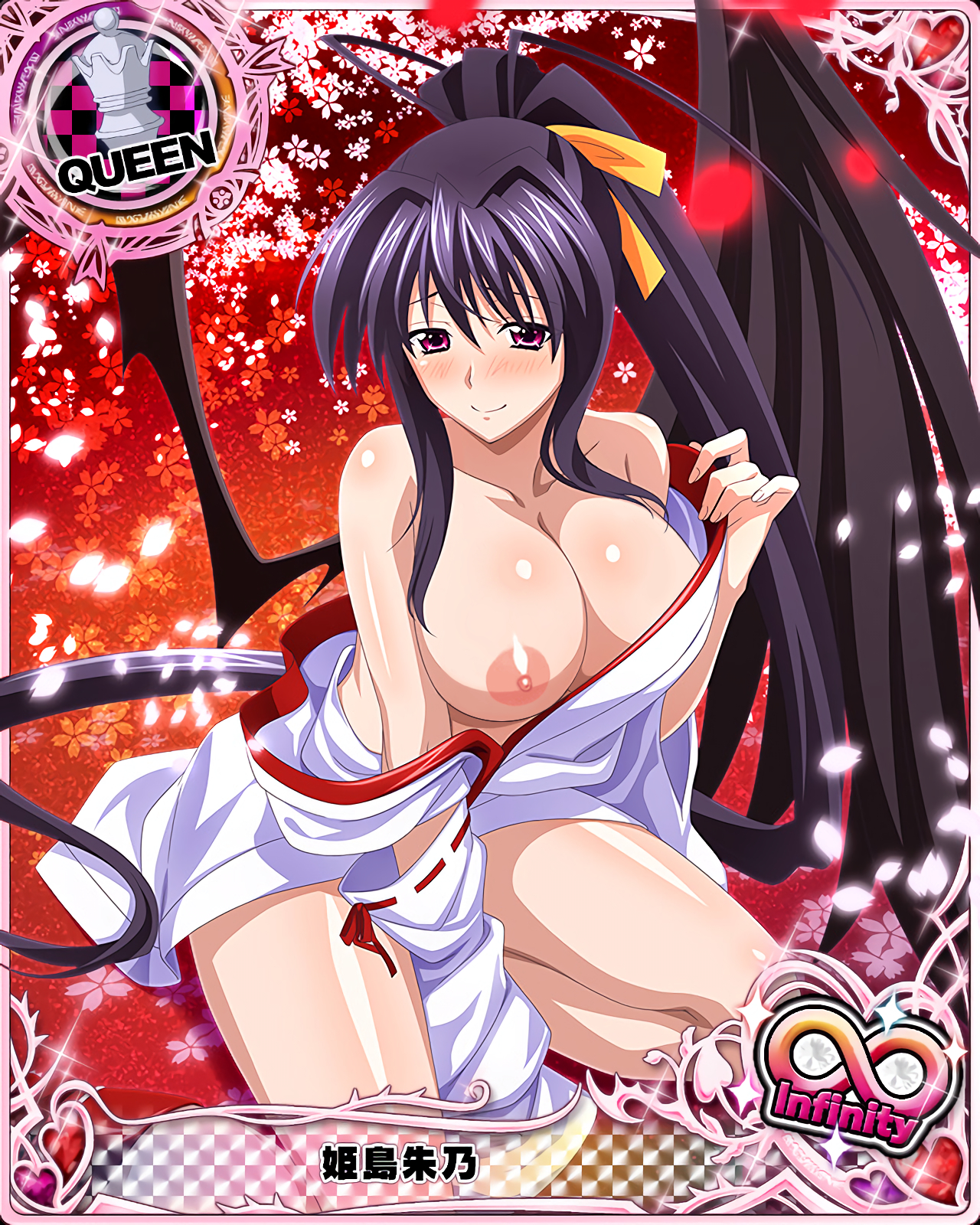 akeno himejima, black hair, breasts, breasts out, card (medium), female, high school dxd, kimono, large breasts, long hair, photoshop, pointy chin