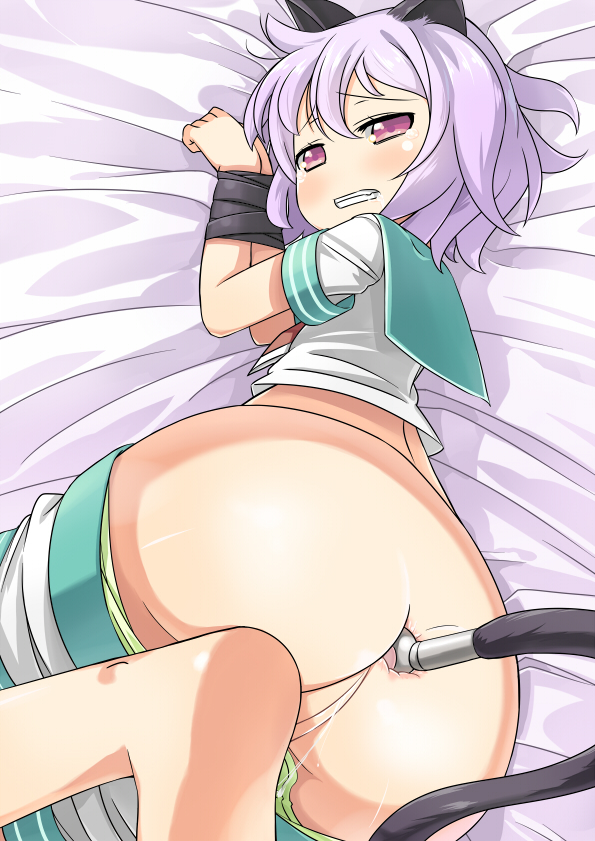 anal_object_insertion animal_ears anus ass blue_hair cute_fang female kantai_collection looking_at_viewer looking_back lying minamicho_oblique panties pants_pull panty_pull peeing pussy restrained sex_toy shiny shiny_hair shiny_skin short_hair solo tama_(kantai_collection) uncensored underwear