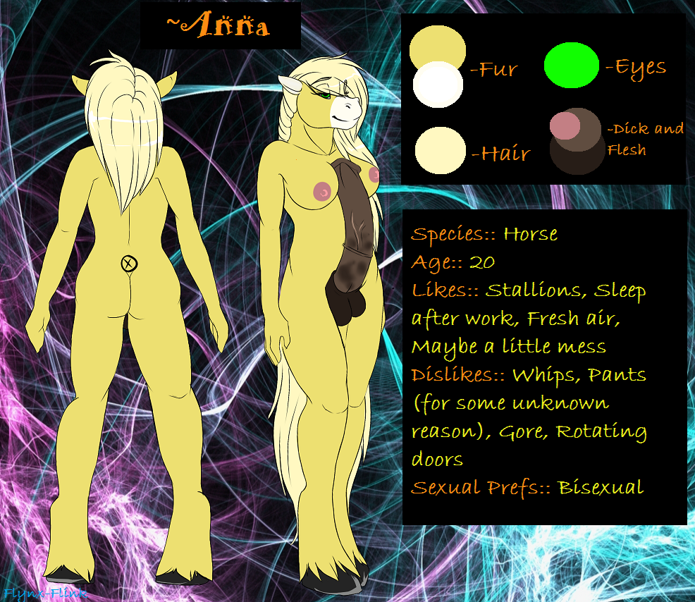 2011 abstract_background animal_genitalia animal_penis anna_(feuerfrei) anthro balls big_penis breasts color_swatch dickgirl english_text equine equine_penis erection flynx-flink fur green_eyes half-closed_eyes hooves horse horsecock intersex mammal medial_ring model_sheet multicolored_fur nipples penis pink_nipples signature smile standing tan_hair text two_tone_fur vein veiny_penis white_fur yellow_fur