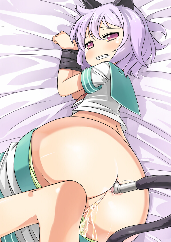 anal_object_insertion animal_ears anus ass blue_hair cute_fang female kantai_collection looking_at_viewer looking_back lying minamicho_oblique panties pants_pull panty_pull peeing pussy restrained sex_toy shiny shiny_hair shiny_skin short_hair solo tama_(kantai_collection) uncensored underwear