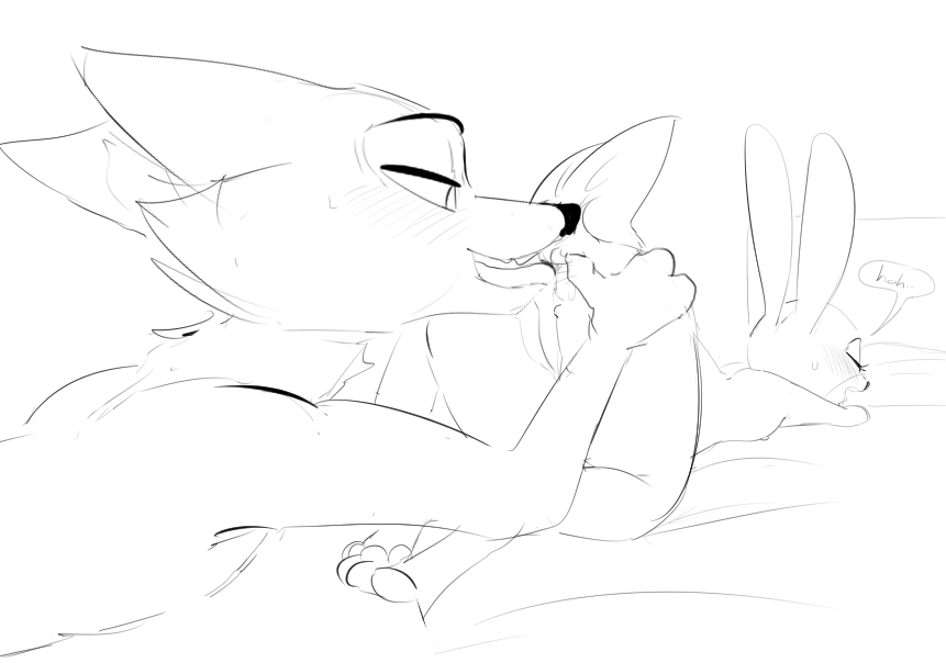 anal anthro ass_up bed black_and_white blush canine closed_eyes dialogue disney dotkwa duo female flat_chest flat_chested fox half-closed_eyes judy_hopps lagomorph lying male mammal monochrome nick_wilde nipples on_front oral rabbit rimming sex simple_background sketch straight sweat text zootopia