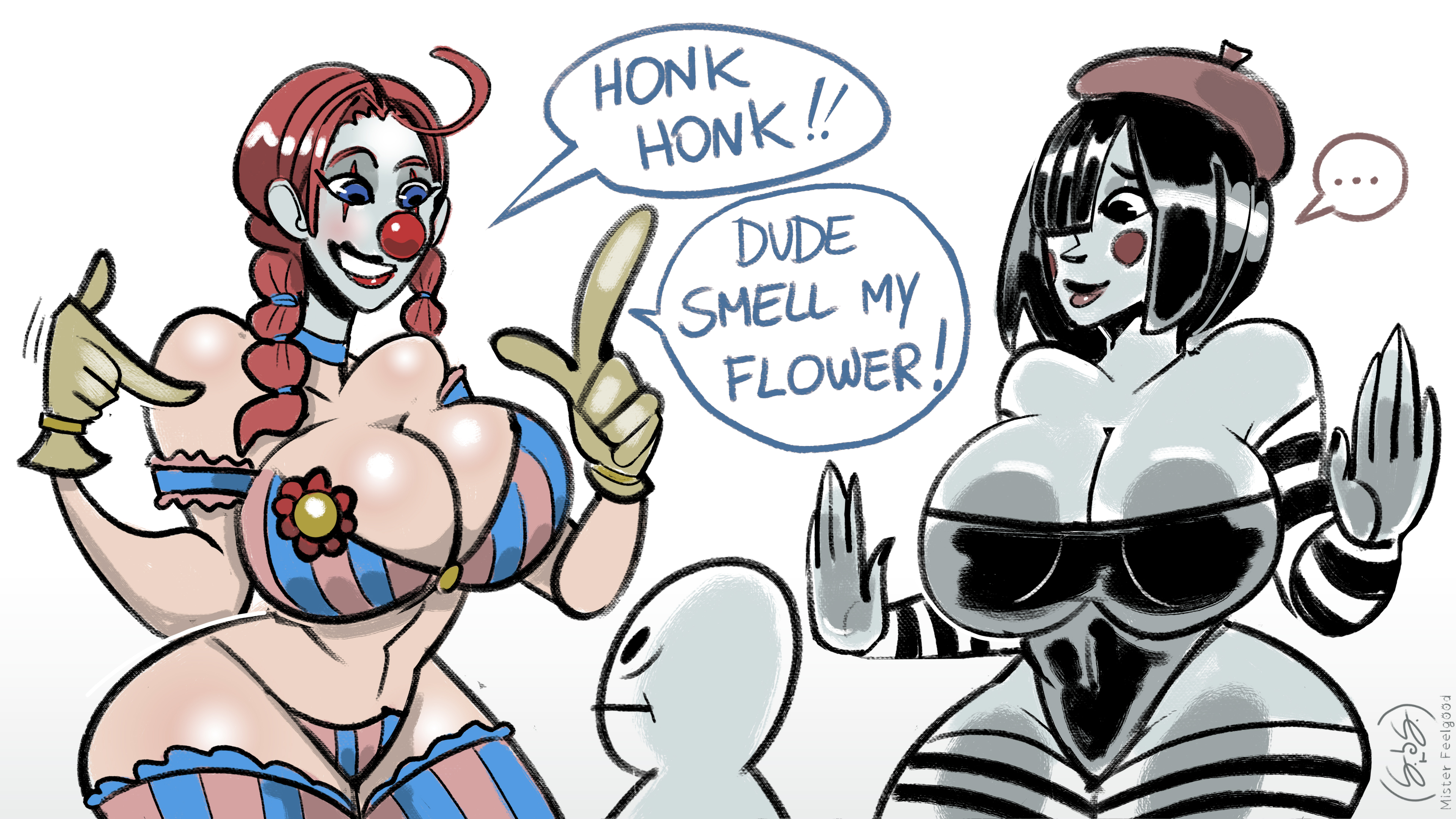 2d, 2girls, anonymous male, big ass, big breasts, black hair, blue eyes, breasts, breasts on glass, clown, clown girl, clown makeup, clown nose, clussy, comic, female, funny, illustration, male, midriff, mime, mime girl, mister feelgood, oc, red hair, sketch, thick legs, thick thighs, twintails, wide hips