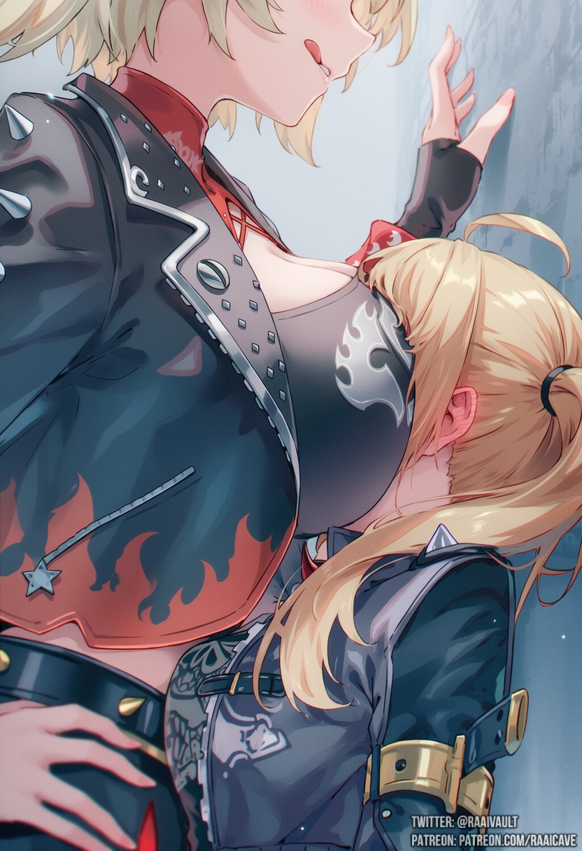 2girls, ai generated, big breasts, bigger female, blonde female, blonde hair, blonde-haired female, blushing, breasts, breasts pressed against partner, burnice white, female, height difference, hoyoverse, kabedon, large boobs, large breasts, larger female, light skin, light-skinned female, luciana de montefio, marshmallow hell, raaicave, shorter female, size difference, smaller female, tongue out, yuri, zenless zone zero