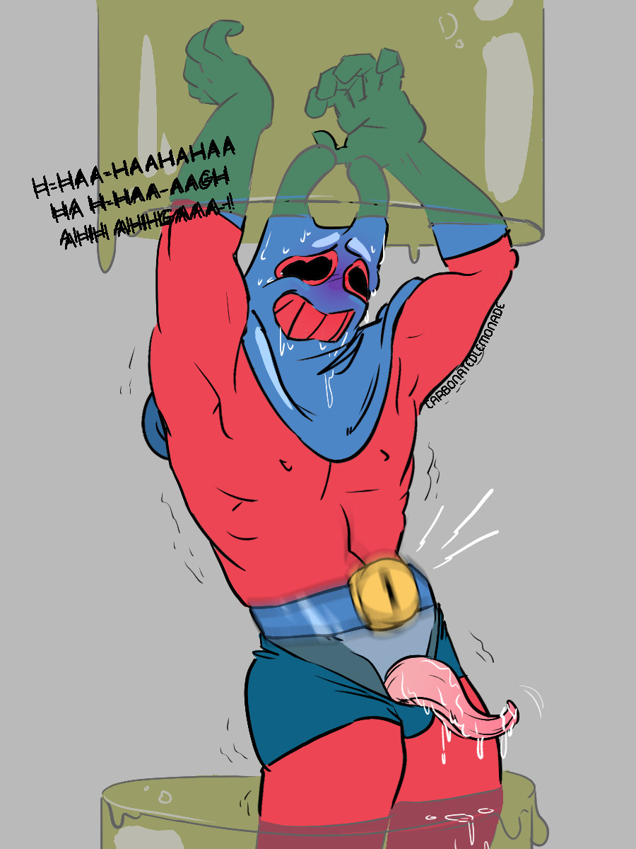 1boy, anthro, armpit, arms up, belt, blue belt, blue gloves, blue mask, blush, carbonatedlemonade, clothing, erection, genitals, laughing, male, male only, man ray, manta ray, marine, mask, nickelodeon, pants, penis, penis out, red clothing, solo, solo focus, solo male, spongebob squarepants, sweat, sweating, tapering penis, tickle torture, tickling