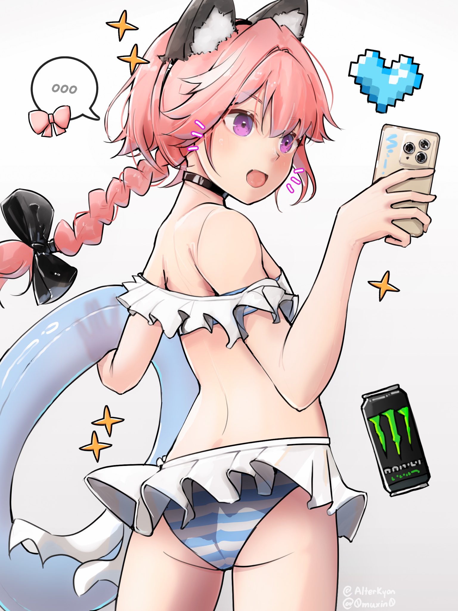 ..., 1boy, 1femboy, alterkyon, animegao, ass, astolfo (fate), astolfo monster cosplay (meme), bikini, cat ears hairband, choker, crossdressing, fake animal ears, fate (series), fate/grand order, femboy, frilled bikini, hairbow, kigurumi, light-skinned male, long hair, male, male only, otoko no ko, pink hair, purple eyes, selfie, single braid, solo, spoken ellipsis, striped bikini, trap
