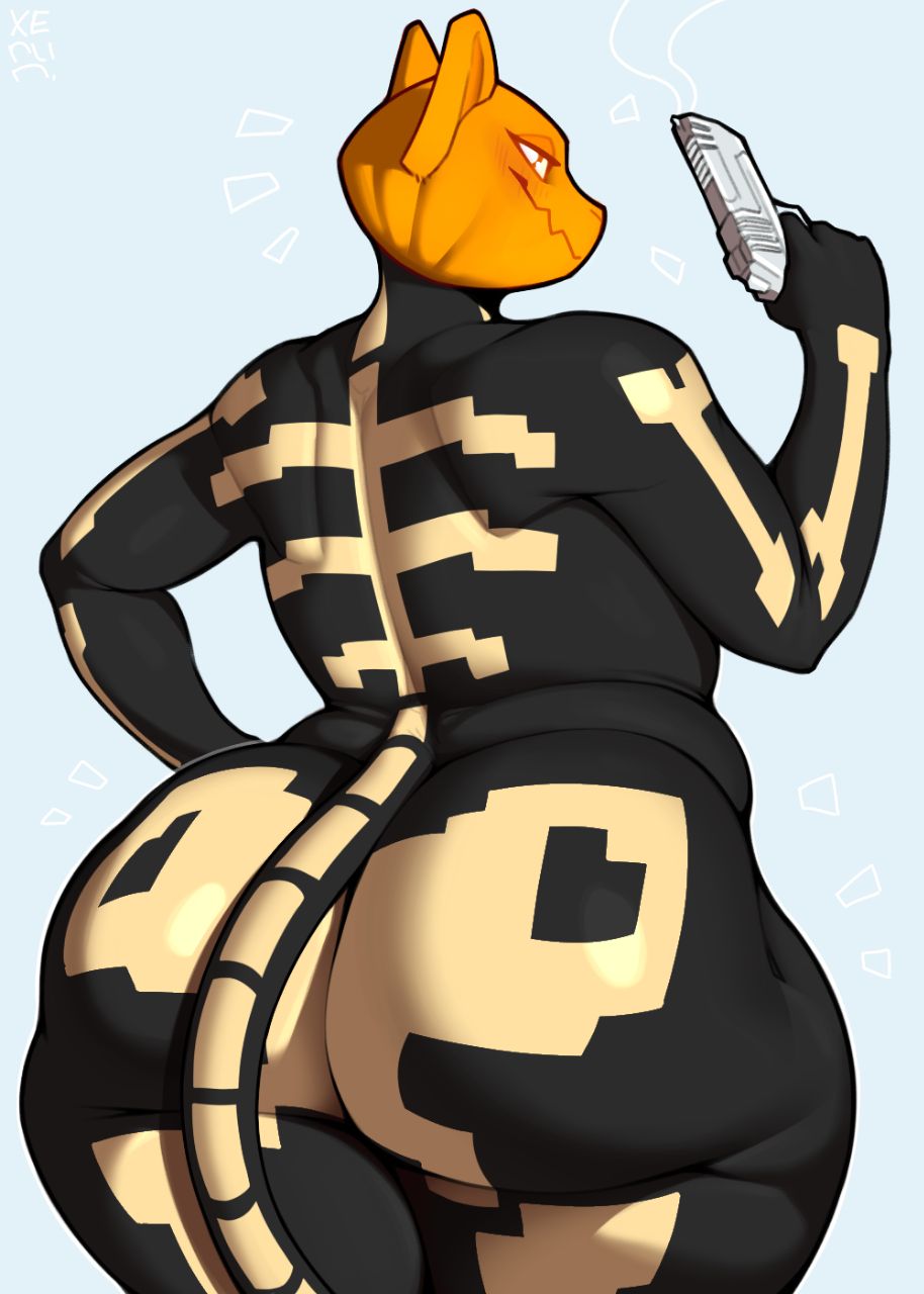 anthro, ass, ass focus, big butt, curvy figure, domestic cat, epic games, felid, feline, felis, female, for a head, fortnite, fortnitemares, gun, halloween, handgun, hi res, holding gun, holding handgun, holding object, holding pistol, holding ranged weapon, holding weapon, huge butt, mammal, object head, pistol, pumpkin, pumpkin head, ranged weapon, rear view, skeleton costume, solo, spice (fortnite), standing, thick thighs, weapon, wide hips, xerun
