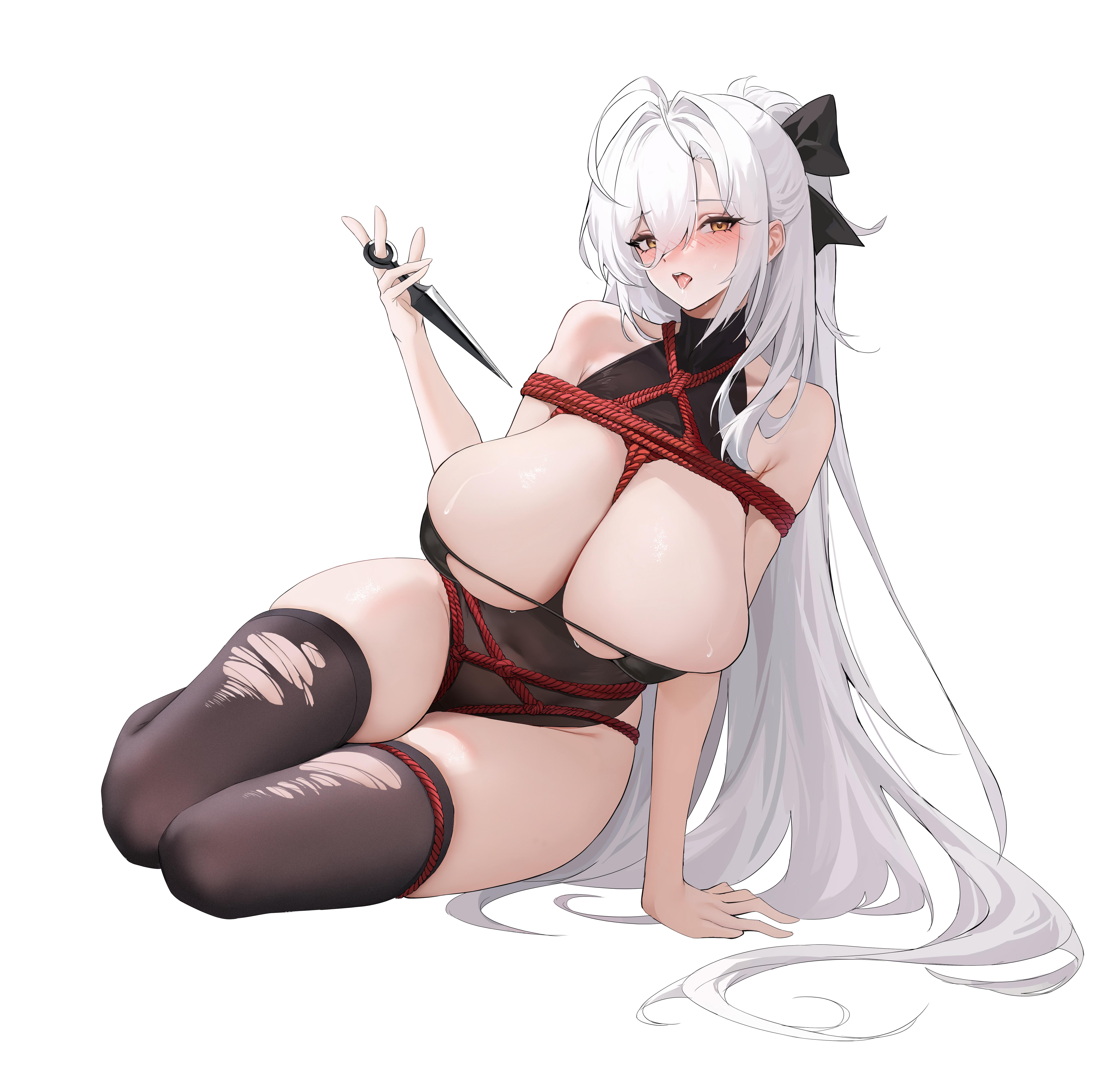 ahoge, arm support, azur lane, bare shoulders, black leotard, black thighhighs, blush, bondage, bound, bow, breasts, brown eyes, cg, cleavage, covered navel, female, hair between eyes, hairbow, hakuhou (azur lane), hakuhou (floral ninja roleplay) (azur lane), holding, holding weapon, huge breasts, kunai, leotard, long hair, looking at viewer, open mouth, ponytail, red rope, restrained, rope, shibari over clothes, simple background, sitting, skindentation, solo, thighhighs, thighs, tongue, tongue out, torn clothes, torn thighhighs, very long hair, weapon, white background, white hair, yellow eyes, yokozuwari