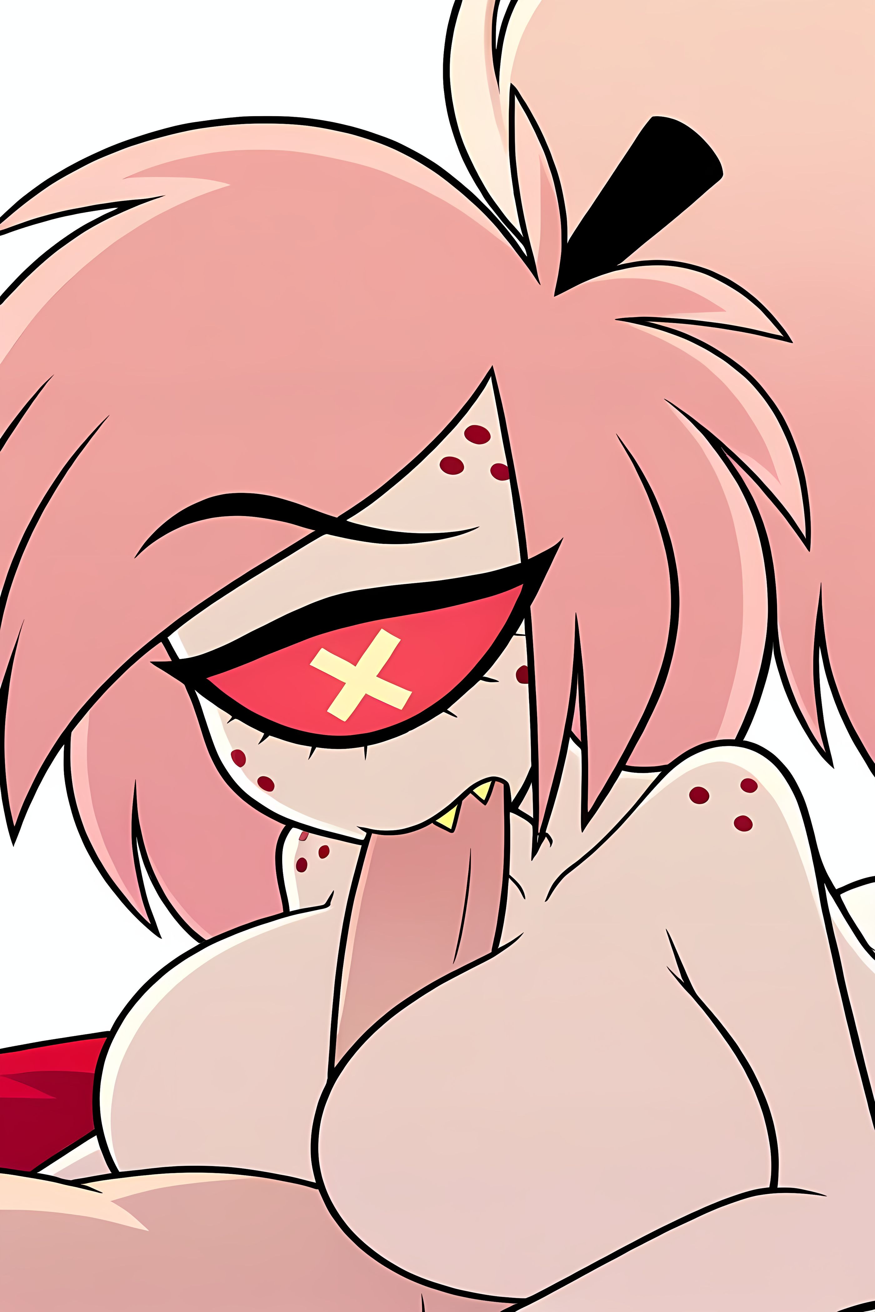 1 eye, 1boy, ai generated, big breasts, breasts, cherri bomb, cherri bomb (hazbin hotel), female, hazbin hotel, male, oral, paizuri, penis, pink hair, pinku, pinku.ai, sucking penis, tagme, titjob, vivziepop