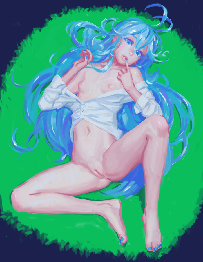 ahoge blue_eyes blue_hair bottomless denpa_onna_to_seishun_otoko doyora dress_shirt female finger_to_mouth flat_chest long_hair looking_at_viewer lying nail_polish nipples on_back open_clothes open_shirt pussy shirt spread_legs touwa_erio unbuttoned unbuttoned_shirt uncensored