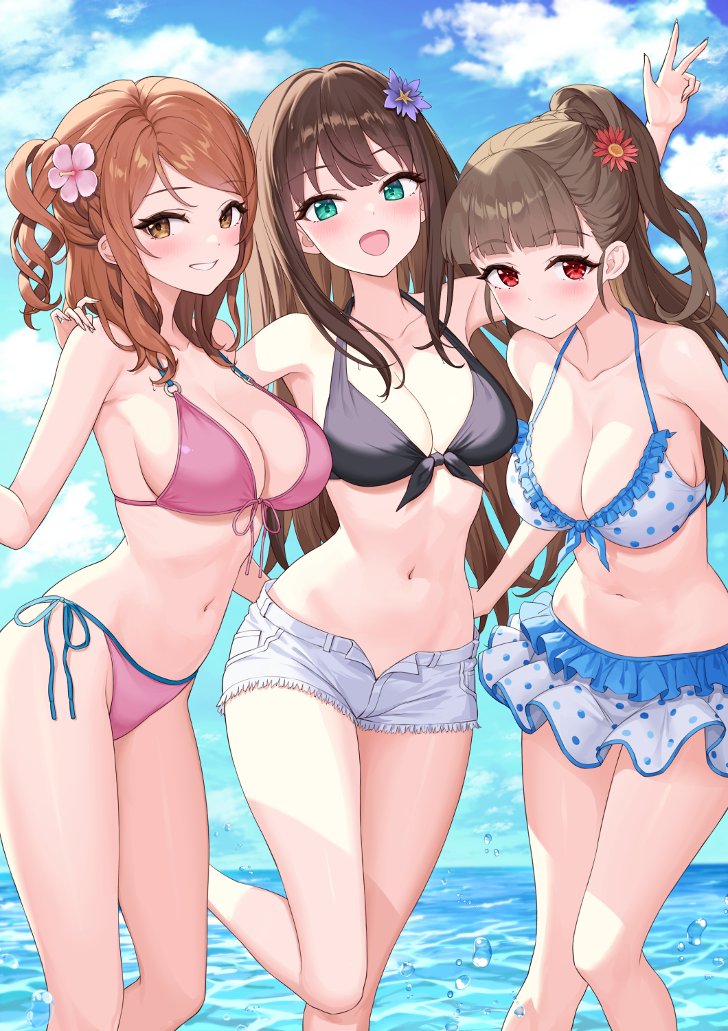 3girls, bare shoulders, bikini, bikini under shorts, black bikini, blue bikini, blue sky, blunt bangs, blush, breasts, brown eyes, brown hair, cleavage, closed mouth, cloud, collarbone, denim, denim shorts, female, flower, green eyes, hair bun, hair flower, hair ornament, hamahama, highres, hojo karen, idolmaster, idolmaster cinderella girls, kamiya nao, large breasts, long hair, looking at viewer, multiple females, multiple girls, navel, ocean, open mouth, orange hair, pink bikini, polka dot, polka dot bikini, ponytail, red eyes, shibuya rin, shorts, single hair bun, sky, smile, stomach, swim skirt, swimsuit, triad primus (idolmaster), water, white bikini