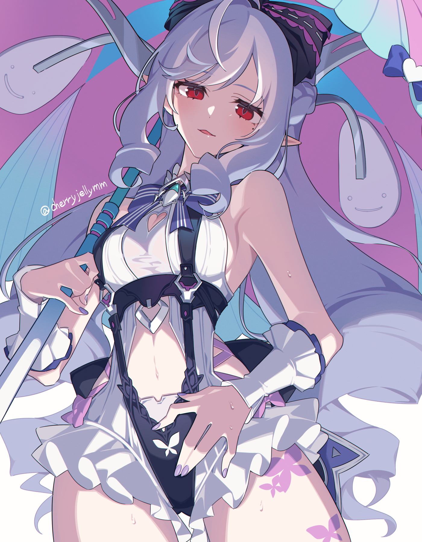 1girls, breasts, cherryjelly, exposed breasts, female, hoyoverse, legs, long hair, mihoyo, official alternate costume, purple hair, red eyes, swimsuit, umbrella, vivian banshee, vivian banshee (iris of the shore), white swimsuit, zenless zone zero