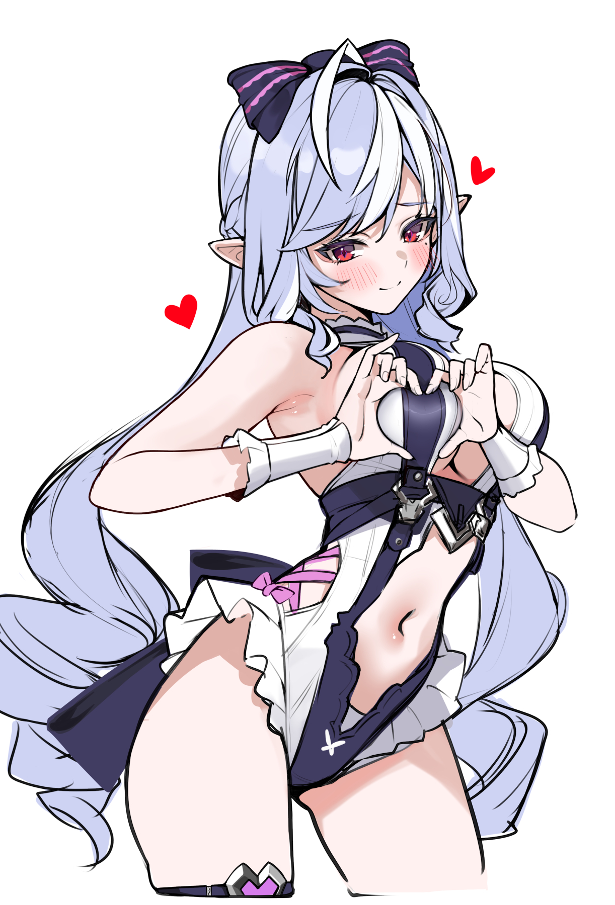 1girls, breasts, exposed breasts, female, heart, heart hands, hoyoverse, legs, long hair, matriks, mihoyo, official alternate costume, purple hair, red eyes, swimsuit, vivian banshee, vivian banshee (iris of the shore), white swimsuit, zenless zone zero