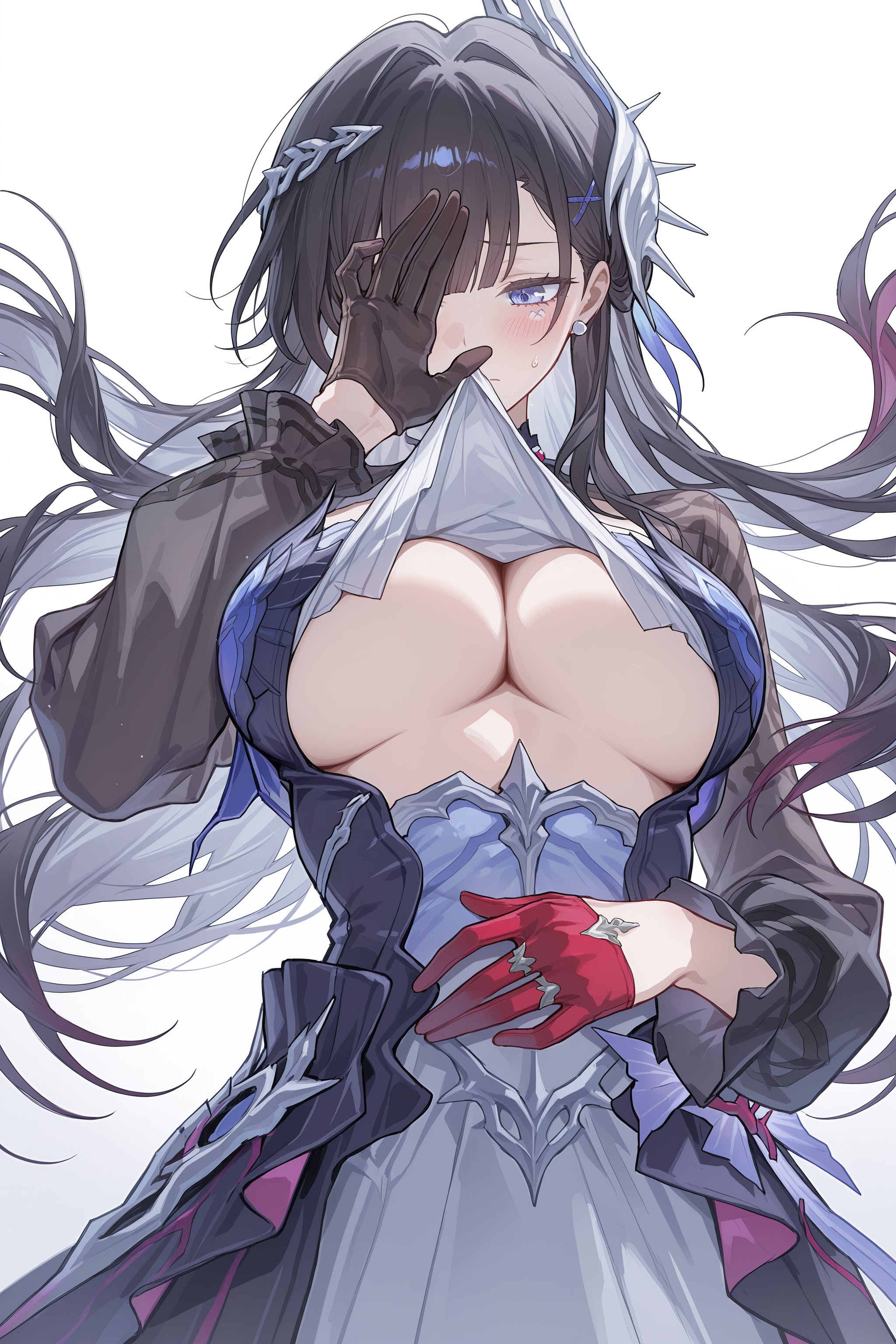 1girls, black hair, blue eyes, breasts, elysia  mei, exposed breasts, female, honkai: star rail, hoyoverse, hysilens (honkai: star rail), long hair, mihoyo, underboob, undressing