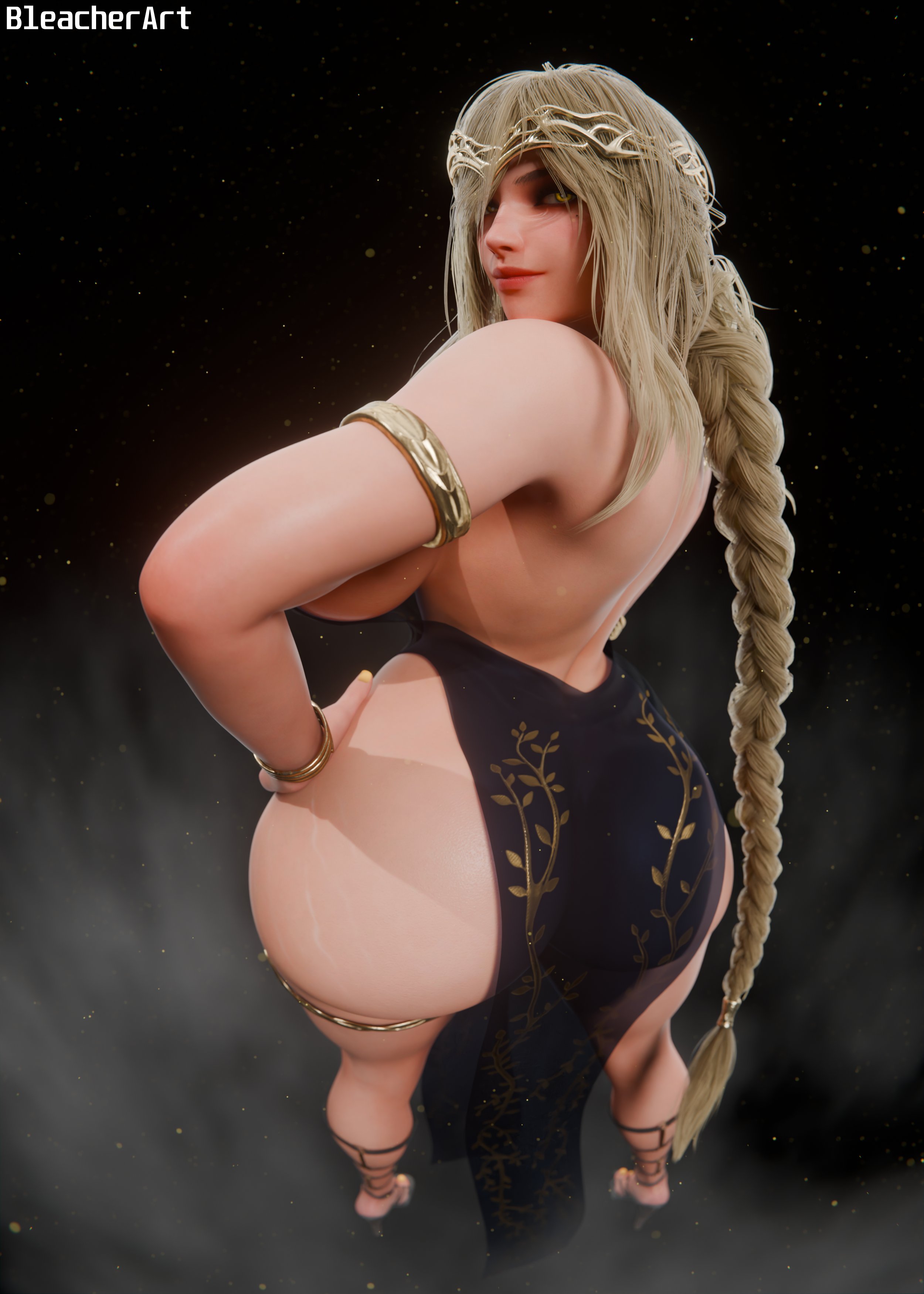 1girls, 3d, alternate ass size, alternate breast size, alternate hairstyle, armlet, ass, ass focus, big ass, big breasts, big butt, black dress, bleacherart, blonde hair, blonde-haired female, bracelet, braided hair, breasts, butt focus, circlet, crown, dress, duplicate, elden ring, female, female focus, female only, fromsoftware, goddess, hair over one eye, high heels, hourglass figure, hourglass figured female, large ass, large boobs, large breasts, large butt, light skin, light-skinned female, looking at viewer, looking back, looking back at viewer, mature, mature female, milf, queen marika the eternal, slender body, solo, solo female, solo focus, thighlet, translucent clothing, very long hair, voluptuous, voluptuous female