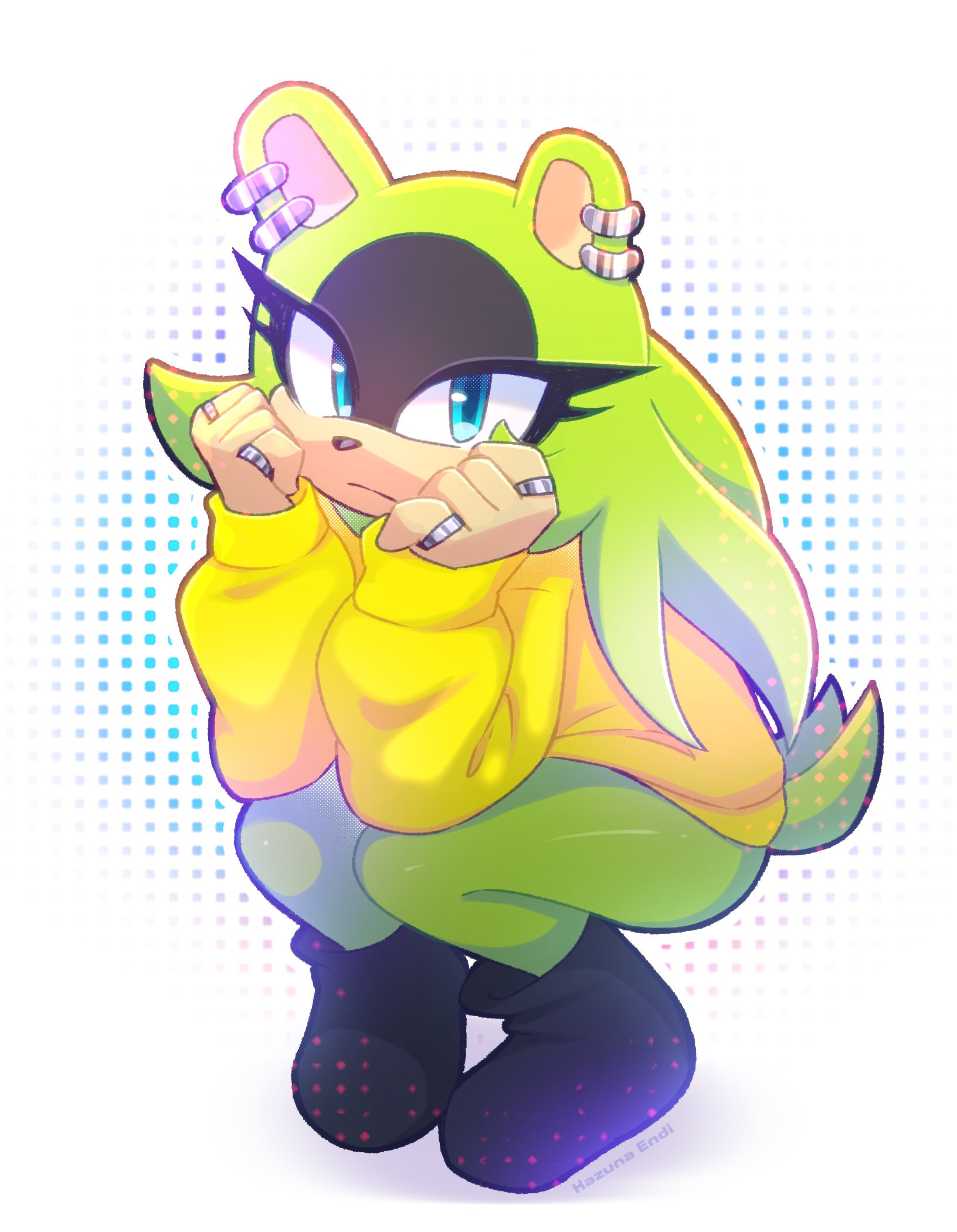 1girls, absurd res, animal ears, anthro, bare legs, blue eyes, bottomless, eyelashes, female, full body, furry, furry female, green fur, hi res, hoodie, idw publishing, kazuna airlines, looking at viewer, sega, solo, sonic (series), sonic the hedgehog (comics), sonic the hedgehog (series), squatting, surge the tenrec, tenrec