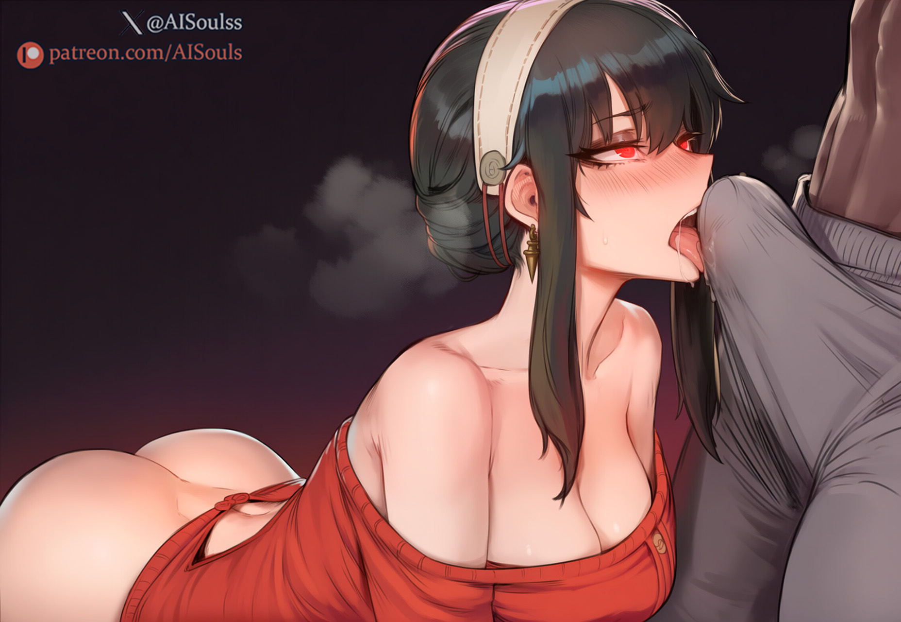 1boy, 1girls, 2d, ai assisted, ai generated, aisouls, ass, black hair, blush, breasts, dark skin, dark-skinned male, dress, dress lift, erection, female, glowing eyes, headband, huge cock, licking, licking penis, light skin, light-skinned female, lips, long hair, male, male/female, mature male, muscles, muscular, muscular male, nipples, patreon username, penis, penis bulge, penis under clothes, red dress, red eyes, saliva, saliva drip, saliva string, saliva trail, spy x family, sweater, sweater lift, tagme, tongue, tongue out, uncensored, web address, yor briar, yor forger