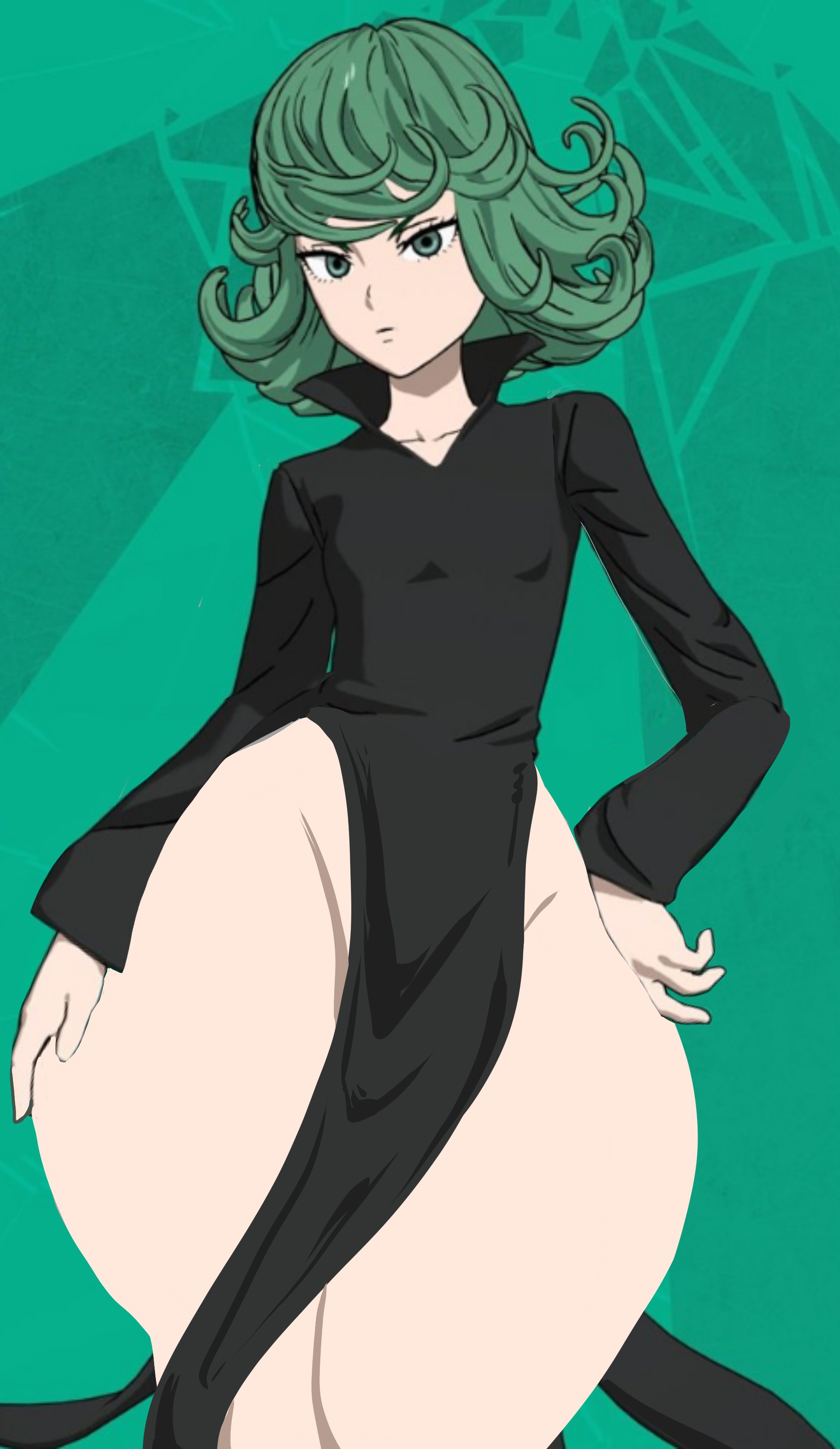 female, green hair, huge thighs, mybigbaws, one-punch man, screenshot edit, shortstack, tatsumaki, wide hips