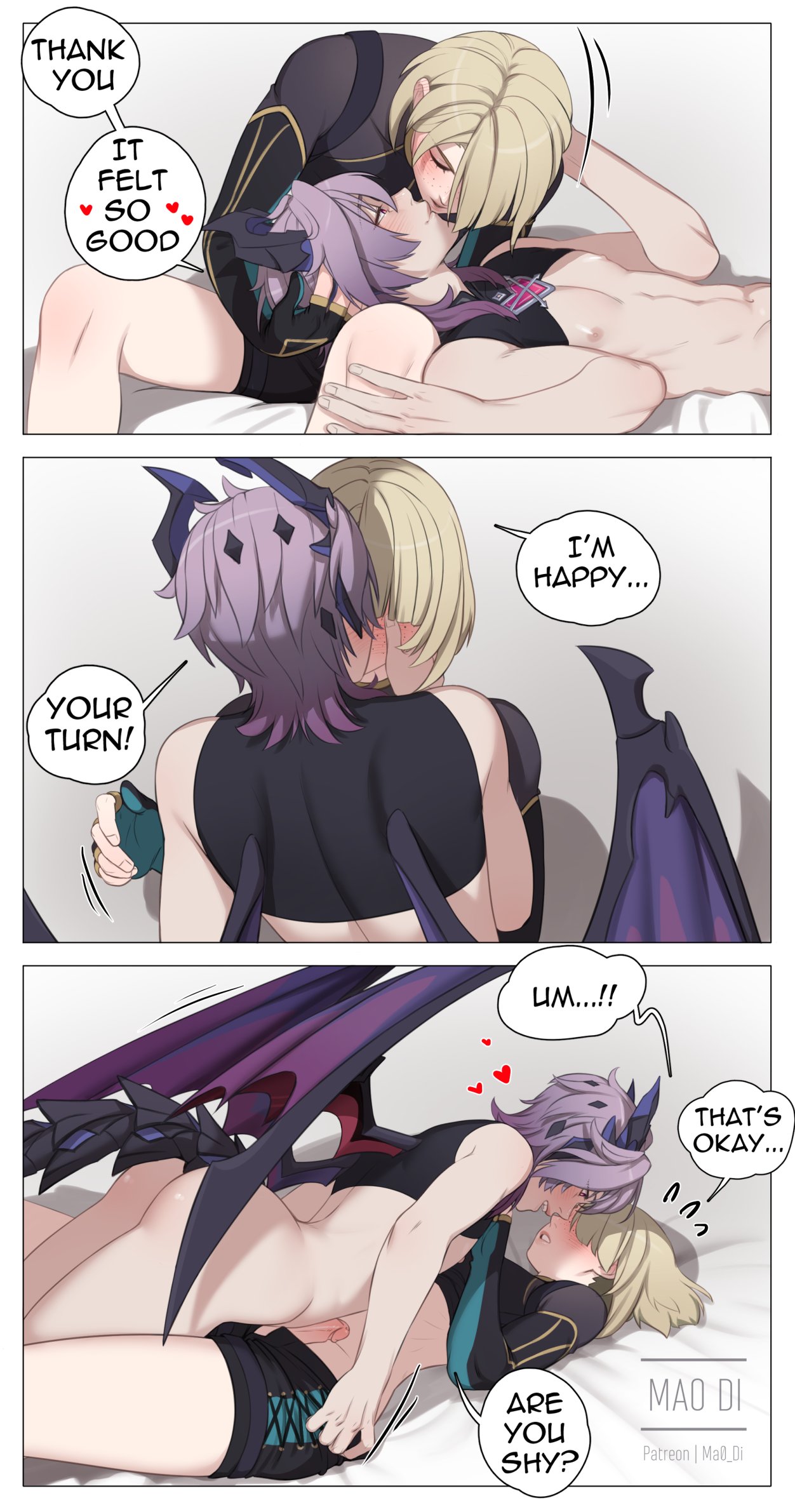 blonde hair, blush, comic, dialogue, durin (genshin impact), embarrassed, femboy, freminet (genshin impact), gay, genshin impact, horns, hoyoverse, kissing, male, male only, male/male, mao di, mihoyo, on back, on bed, shy, text, wings, yaoi