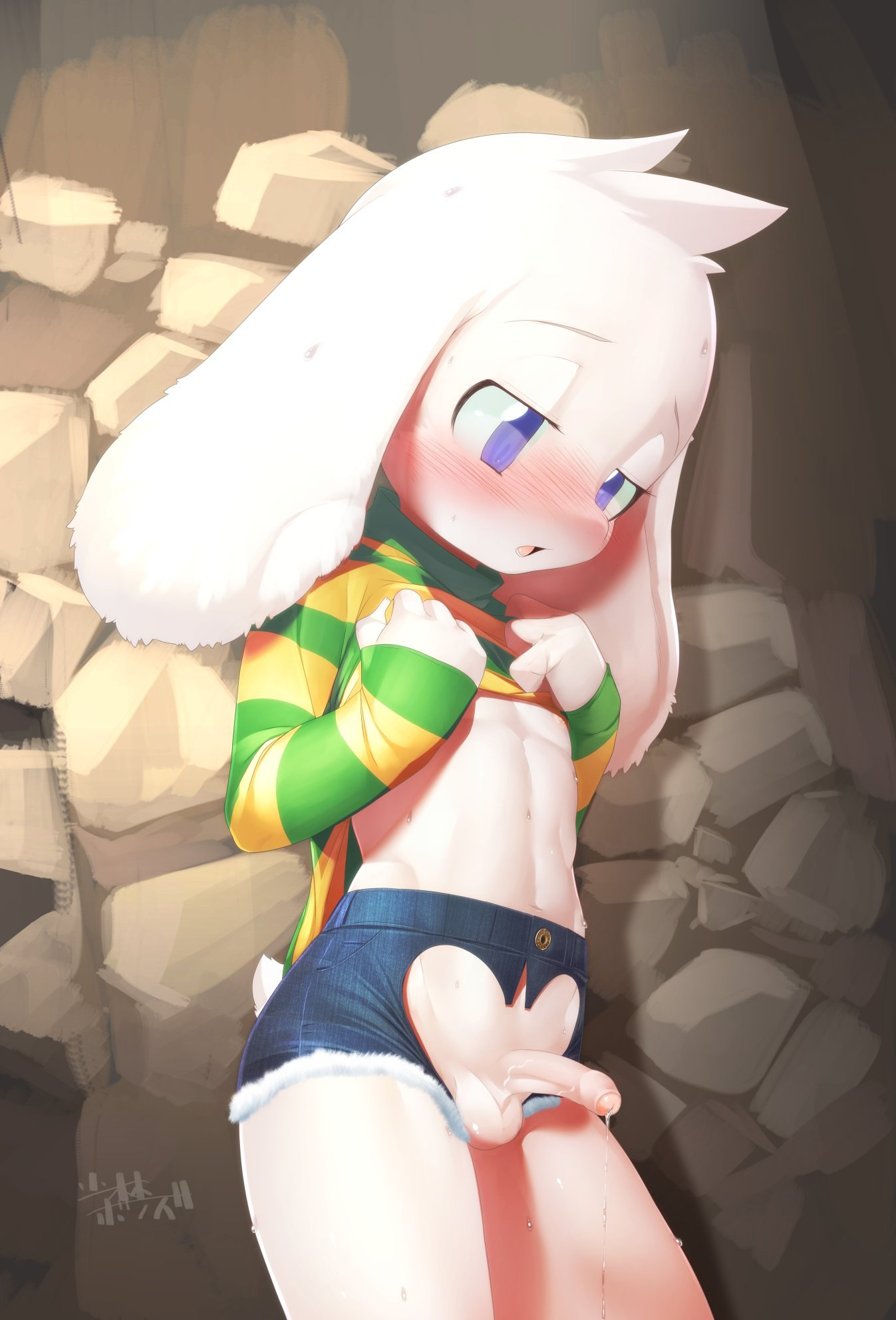 1boy, 2d, aged up, anthro, anthro male, anthro only, asriel dreemurr, caprine, cub, cum, furry, furry male, furry only, girly, humanoid, humanoid male, humanoid only, male, male cub, male only, mammal, mammal humanoid, no underwear, shirt lift, shorts, solo, tagme, undertale, undertale (series)