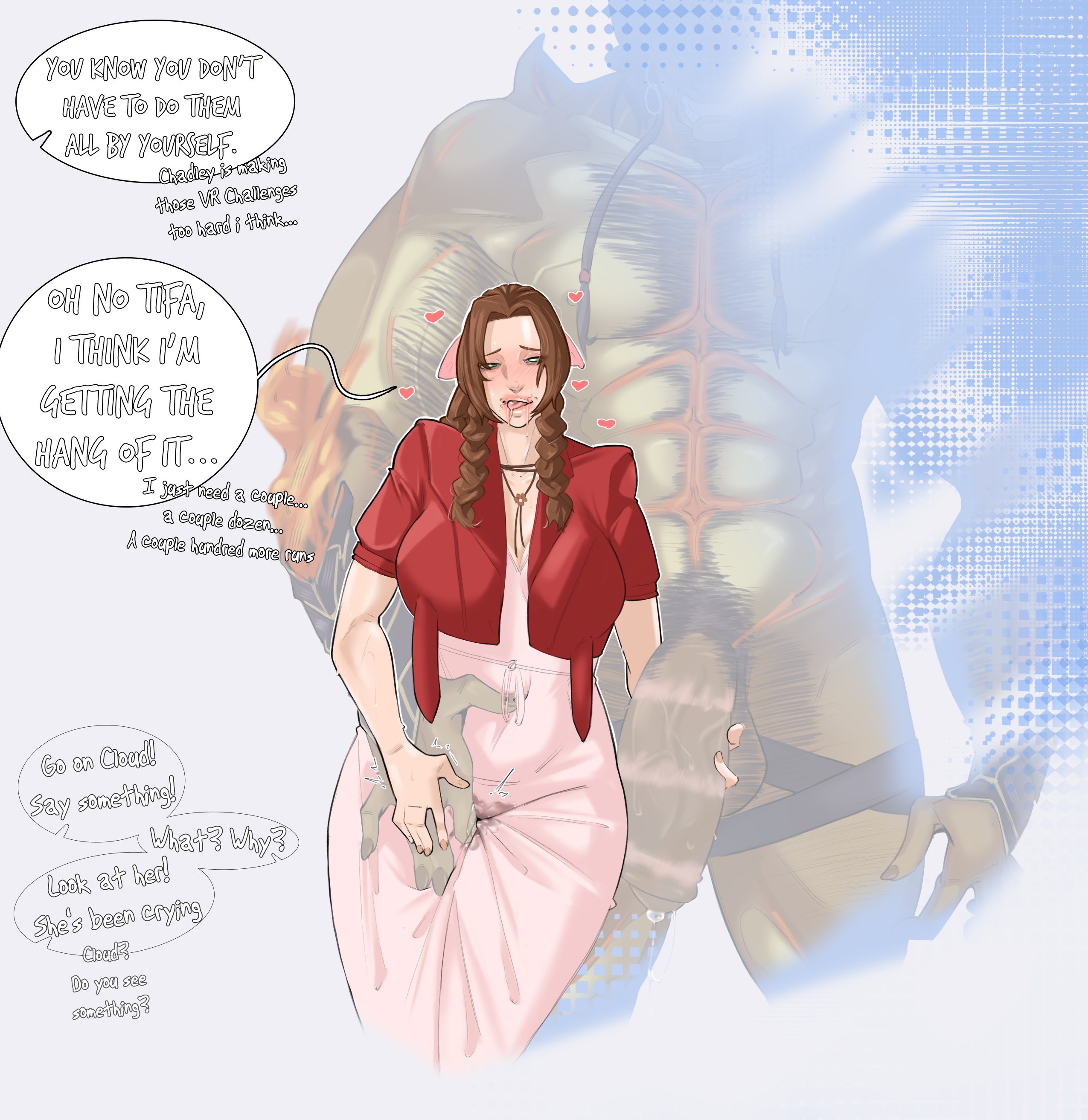 1boy, 1girls, abs, aerith gainsborough, after sex, brown hair, cock, dialogue, dress, drool, drool on face, drooling, drooling tongue, english, english text, female, final fantasy, final fantasy vii, green eyes, hairy, hairy arms, hairy chest, hairy male, hand on pussy, heart, heart symbol, ifrit (final fantasy), male, monster, monster boy, muscular, muscular male, penis, pubic hair, pubic hair in mouth, pubic hair on face, pussy, pussy juice, simple background, size difference, speech bubble, suspicious, text, tokyoplip, tongue, tongue out, unseen character, unseen male face, wet, wet clothes, wet pussy, white background