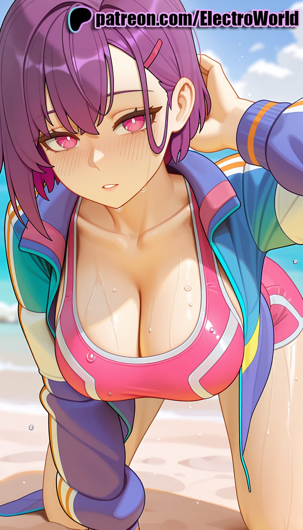 1girls, 2025, ai generated, artist name, beach, big breasts, big chest, blush, breasts, bust, busty, chest, cleavage, day, electroworld, female, hair ornament, hairclip, hi res, high quality, high resolution, highres, large breasts, mikazuki shizuka, patreon, patreon username, purple hair, purple-haired female, short hair, stable diffusion, sweat, watermark, zom 100: zombie ni naru made ni shitai 100 no koto