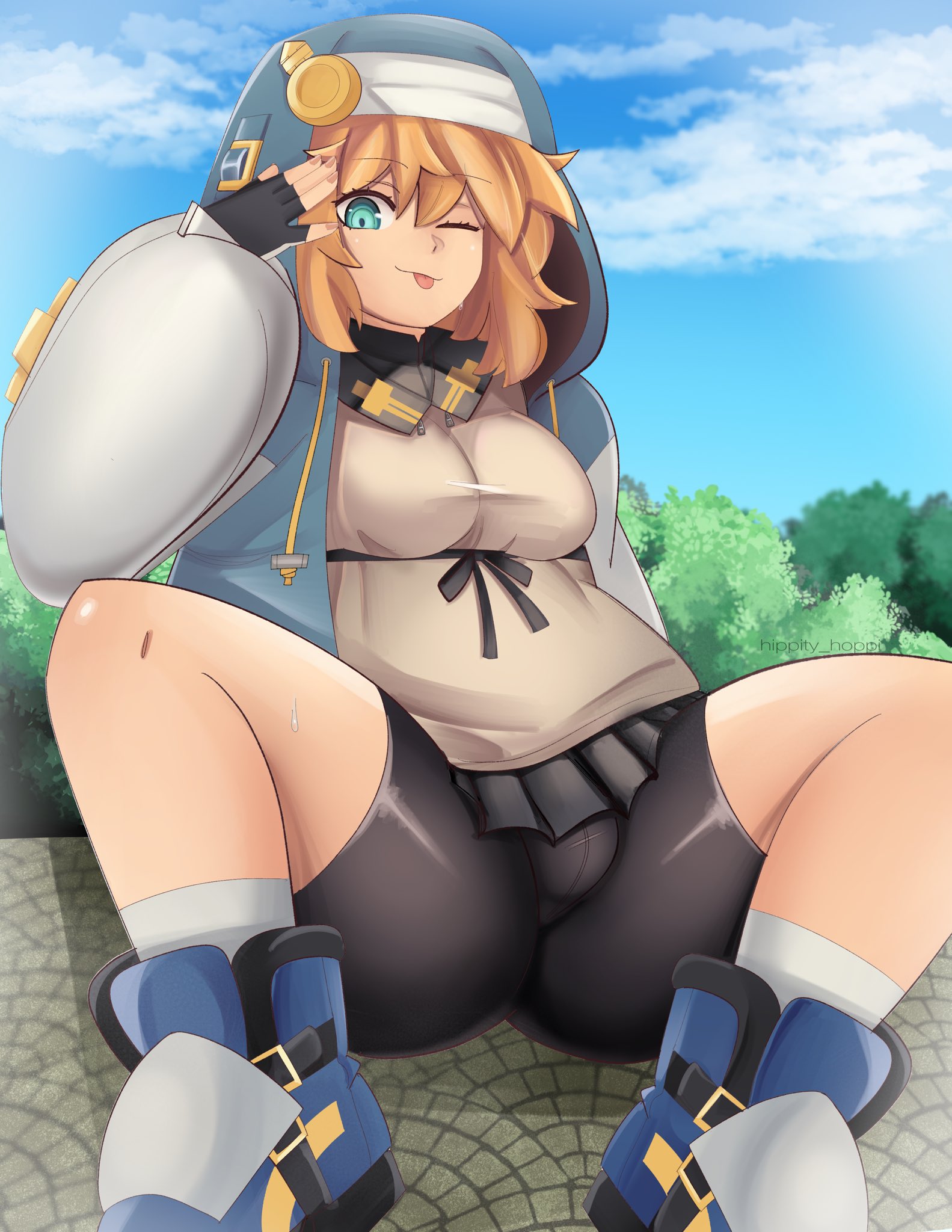 1futa, blonde hair, blue eyes, bridget, bulge, bulge through clothing, futanari, guilty gear, guilty gear strive, hoodie, intersex, trans, trans woman, transfem, transgender, transgender woman