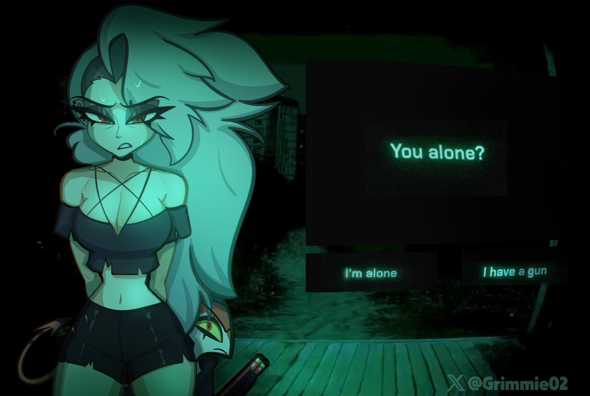 1girls, bare arms, bare shoulders, big breasts, blitzo (helluva boss), breasts, color, crossover, english text, female, female only, grimmie02, helluva boss, hi res, human loona, large breasts, light skin, light-skinned female, long hair, looking at viewer, loona (helluva boss), night, no, i'm not a human, no, i'm not a human (meme), not human, red eyes, tagme, text, thick thighs, white hair