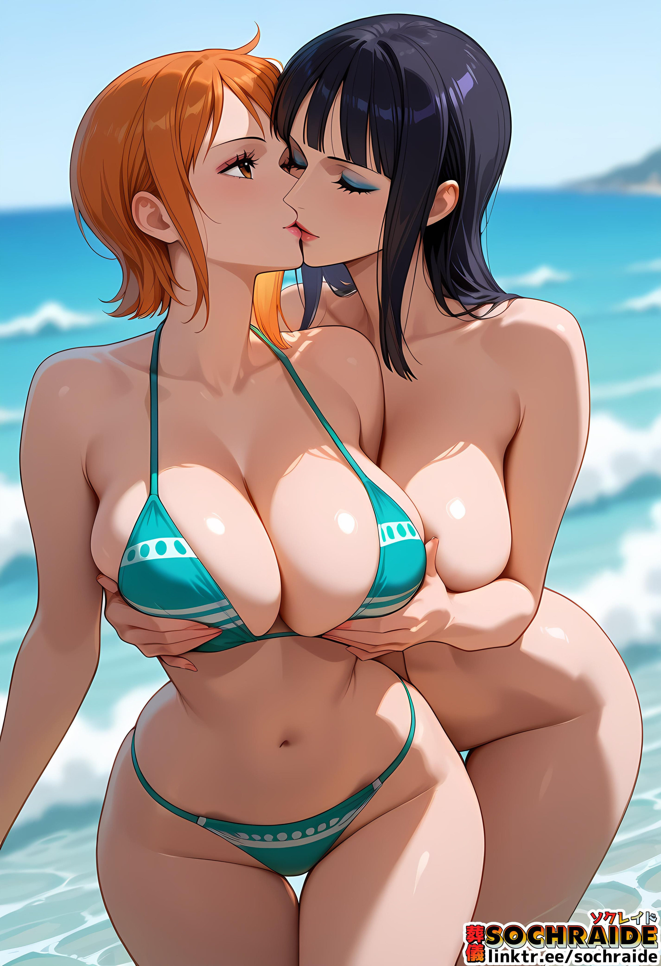 2girls, ai generated, beach, bikini, black hair, black-haired female, breast grab, female, female only, kissing, kissing from behind, naked, naked female, nami (one piece), nico robin, nude, nude female, one piece, orange hair, orange-haired female, sochraide, yuri