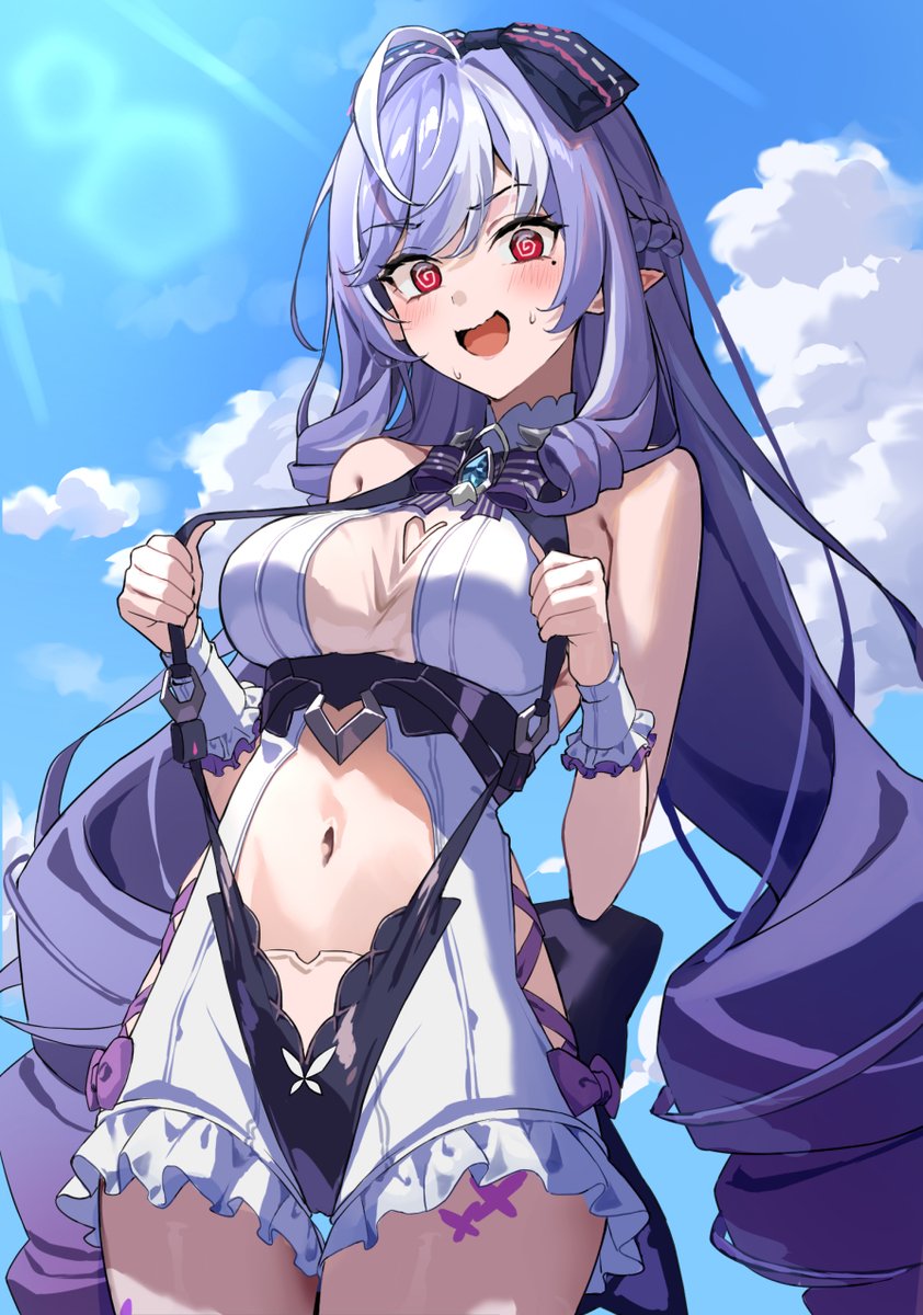 1girls, breasts, exposed breasts, female, hoyoverse, legs, long hair, mihoyo, naoonaao, official alternate costume, purple hair, red eyes, swimsuit, vivian banshee, vivian banshee (iris of the shore), white swimsuit, zenless zone zero