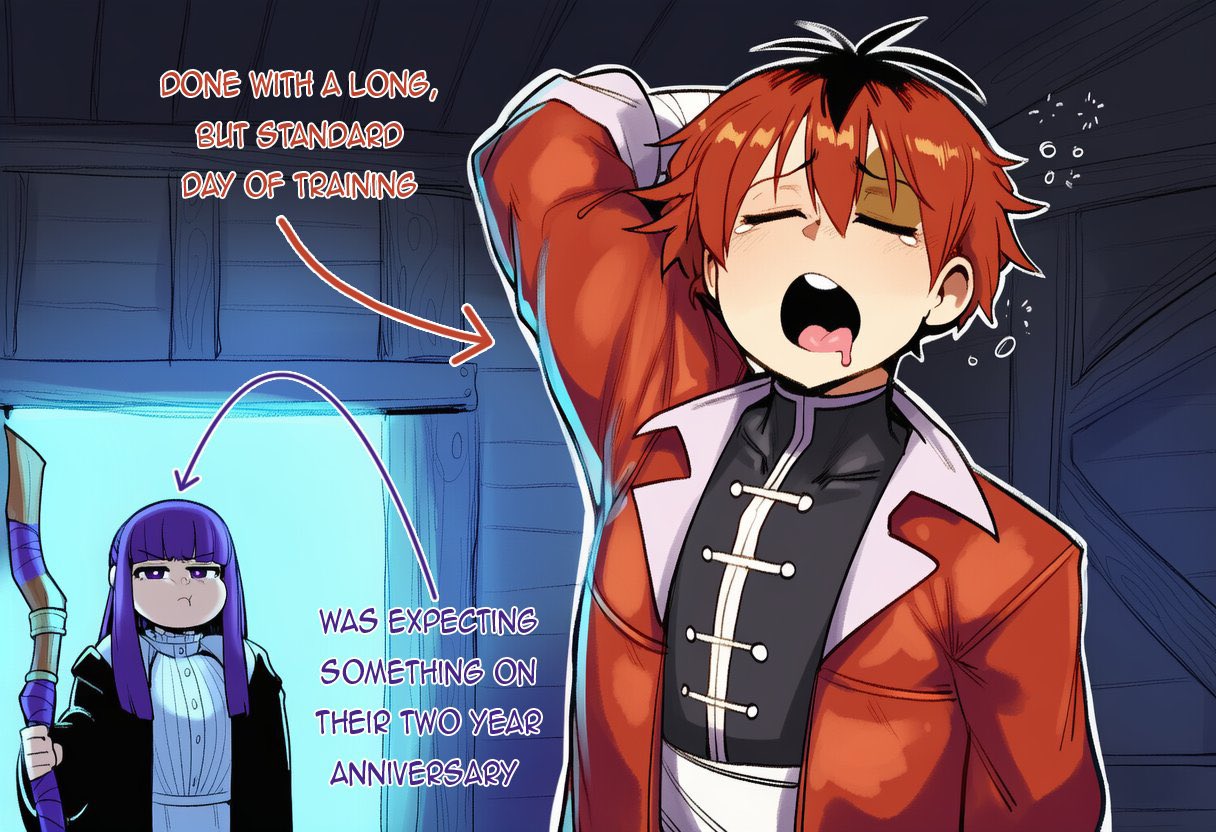adventurer, ai generated, anniversary, donbeboys, female, fern (sousou no frieren), male, pout, pouting, purple hair, red hair, smug face, sousou no frieren, stark (sousou no frieren), tagme, tired look
