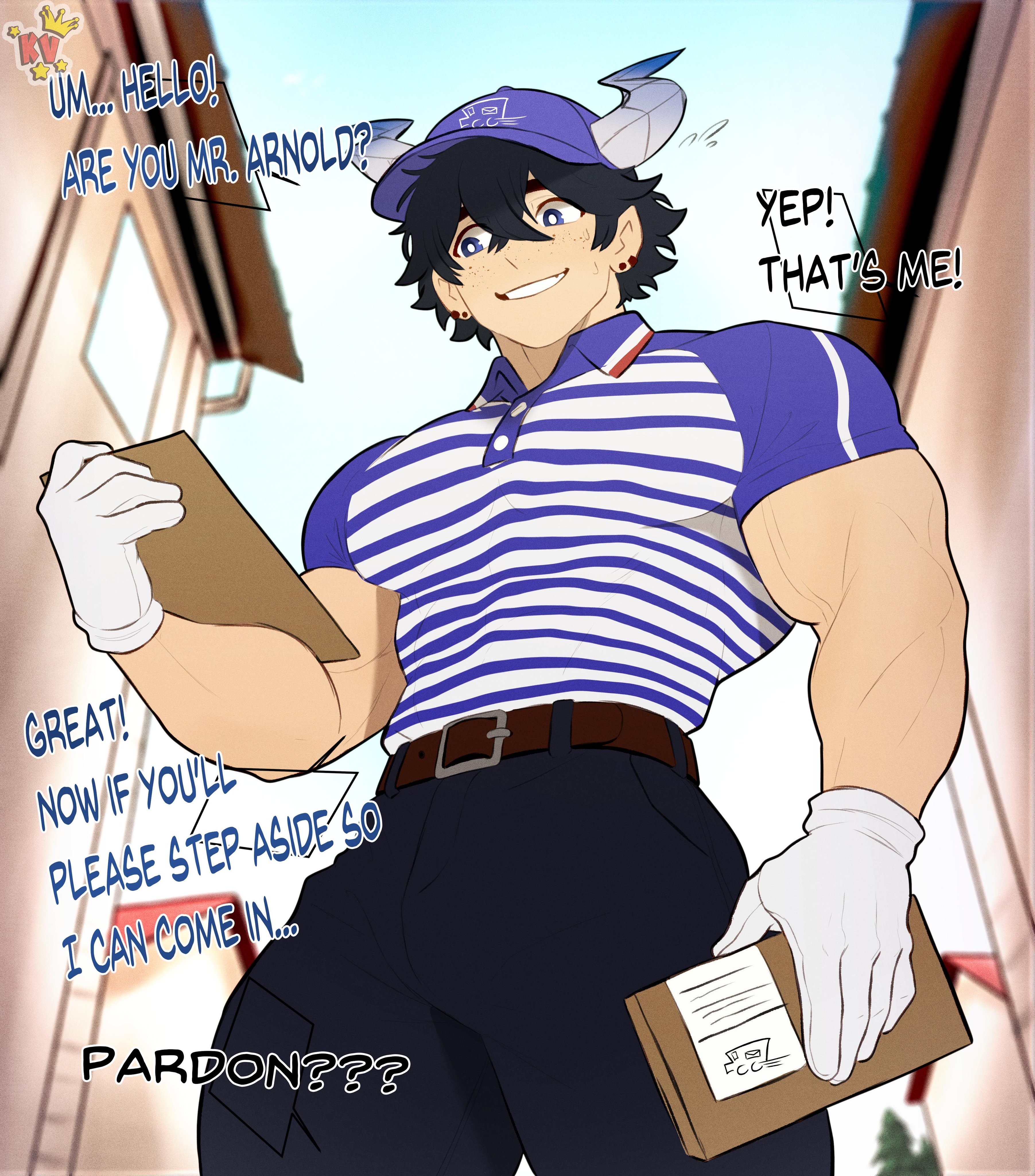 1boy, 1male, belt, black clothing, black hair, black hair male, black pants, black text, blue and white shirt, blue eyed, blue eyes, blue eyes male, blue hair, blue hair male, blue text, cap, clothed, clothed male, damian (kingdom velvet), delivery boy, delivery employee, delivery man, delivery uniform, demon, demon boy, demon horns, discussion, earrings, english dialogue, english text, freckles, freckles on face, gloves, horns, humanoid, kingdom velvet, low-angle view, male, male only, muscles, muscular, muscular male, non-human, oc, original character, outdoor, outdoors, package, package box, pants, sagawa express, shirt, smile, smiling, smiling at another, solo, solo male, speech bubble, striped clothing, striped shirt, talking, talking to another, watermark, white clothing, white gloves