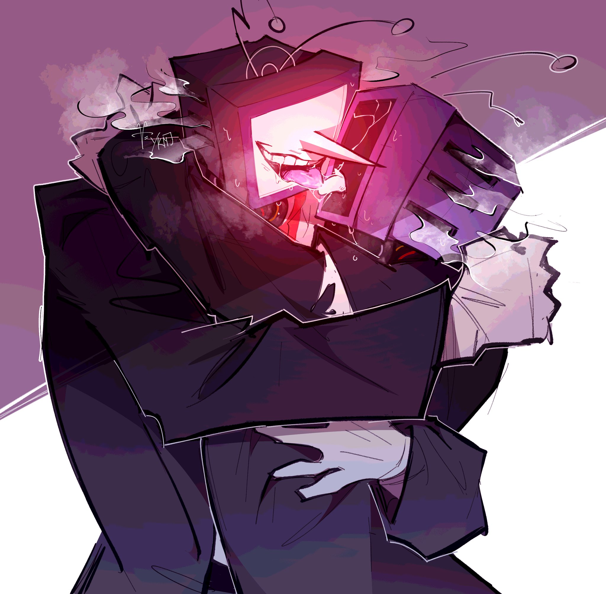 2boys, alternate universe, cracked screen, defernull, deltarune, embrace, gay, kissing, male, male only, object head, saliva, saliva string, selfcest, steamy, tagme, tenna (deltarune), tongue kiss, tv head, yaoi