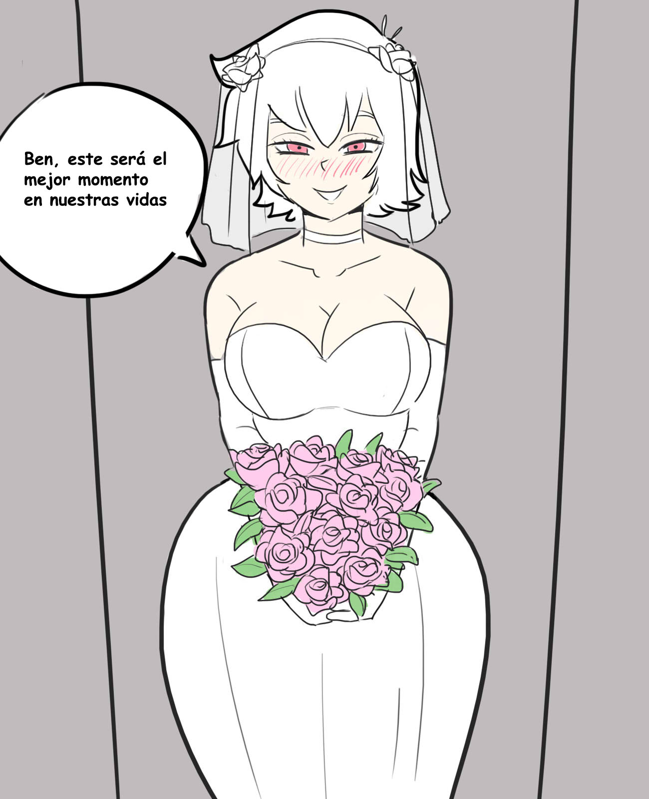albedo (chaquetrix), alexico roadagain, female, flowers, spanish text, voluptuous female, wedding dress
