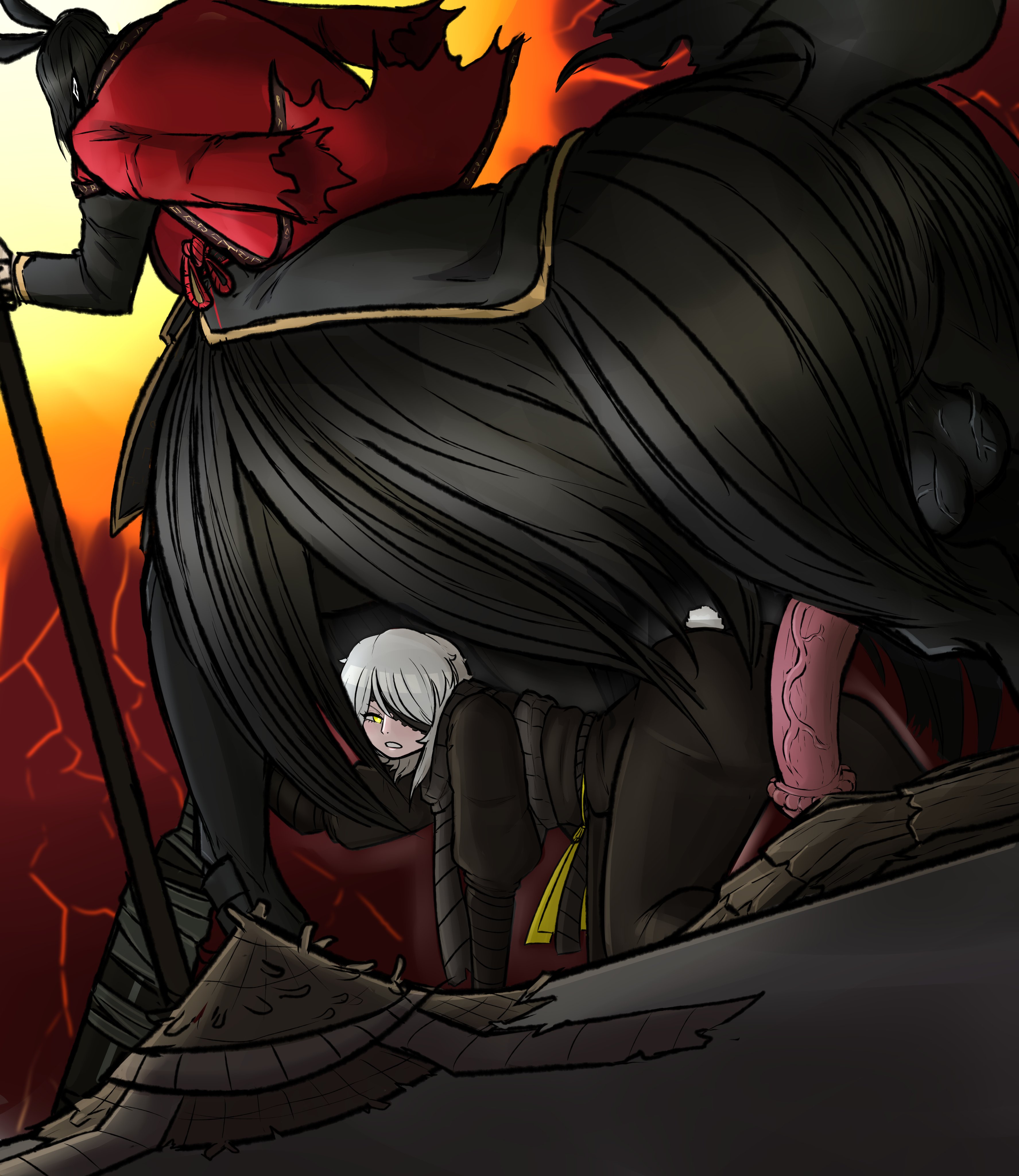 1boy, 1boy1girl, 1girls, annoyed, annoyed expression, annoyed female, arm wraps, balls, bamboo hat, bark skin, bestiality, big ass, big butt, big dom small sub, big penis, big top, black balls, black ears, black fur, black hair, black horse, black mane, black outfit, black rope, black scarf, black tail, blunt penis, bunny tail, centaur, centaur on female, centaur on humanoid, defeated, defeated heroine, dubious consent, eyepatch, faust (limbus company), female, flaccid, flaccid penis, flared penis, frustrated, gold trim, gritted teeth, guandao, hair, height difference, heishou pack-mao branch (identity) (project moon), hikarosena, holy fuck i'm cumming, horse, horse cock, horse ears, horse penis, horse tail, horseballs, horsecock, huge cock, huge penis, huge size difference, hung like a horse, irritated, large ass, large butt, large cock, large penis, large thighs, larger male, larger male smaller female, limbus company, long hair, long hair male, looking at penis, lots of hair, male, mutated, on all fours, pale skin, pale skinned female, pale skinned male, penis, pink penis, project moon, red background, red coat, scarf, short hair, short hair female, short hair with long locks, size difference, sketch, smaller female, testicles, thick ass, thick butt, thick thighs, thighs, veiny penis, veiny testicles, weapon, wei (limbus company), white hair, yellow eyes, zoophilia