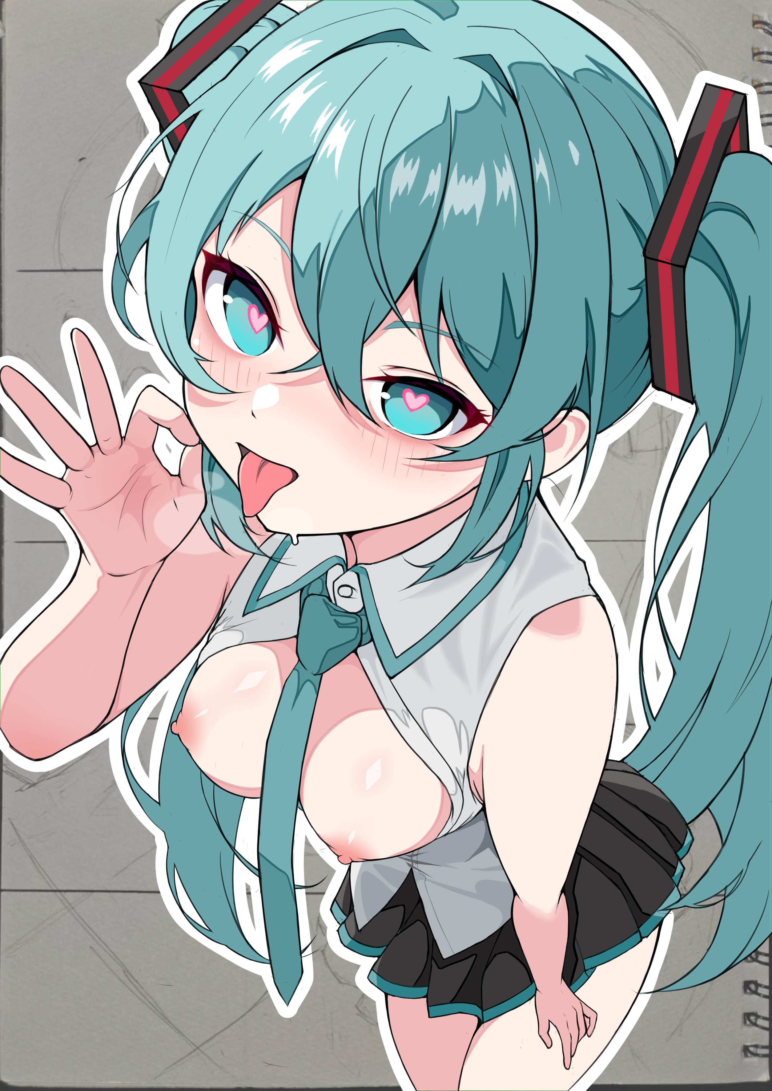 1girl, 1girls, absurdres, aqua eyes, aqua hair, aqua necktie, between breasts, black skirt, blue eyes, blue hair, blue necktie, blush, breasts, breasts out, breath, collared shirt, cowboy shot, fellatio gesture, female, grey background, grey vest, hair between eyes, hatsune miku, heart, heart-shaped pupils, highres, leaning forward, long hair, looking at viewer, mauichi, medium breasts, miniskirt, necktie, necktie between breasts, nipples, no bra, open clothes, open mouth, open shirt, open vest, pleated skirt, purple eyes, shirt, skirt, sleeveless, smile, solo, symbol-shaped pupils, tongue, tongue out, twintails, very long hair, vest, vocaloid