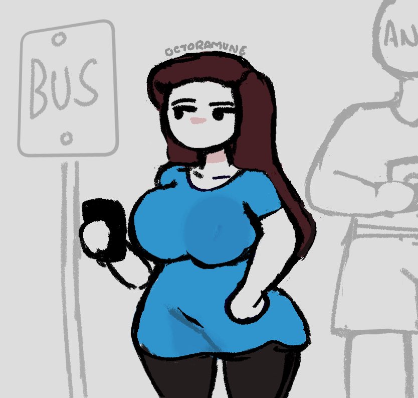 anon, breasts, brown hair, bus stop, cellphone, comic page, female, huge breasts, let me explain studios, mouthless, mouthless female, no mouth, octoramune, rebecca parham, smartphone, speechless, textless, white skin, wide hips