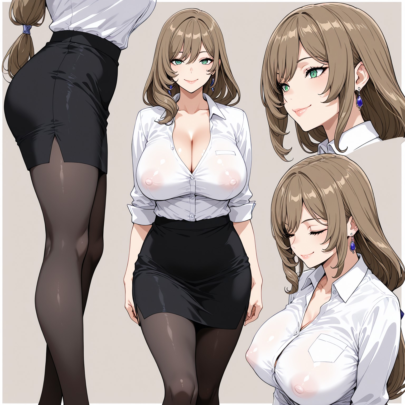 ai generated, ass, breasts, covered nipples, female, genshin impact, hoyoverse, huge ass, huge breasts, lips, lisa (genshin impact), multiple views, office clothing, office lady, pencil skirt, shirt, thick thighs, unbuttoned shirt