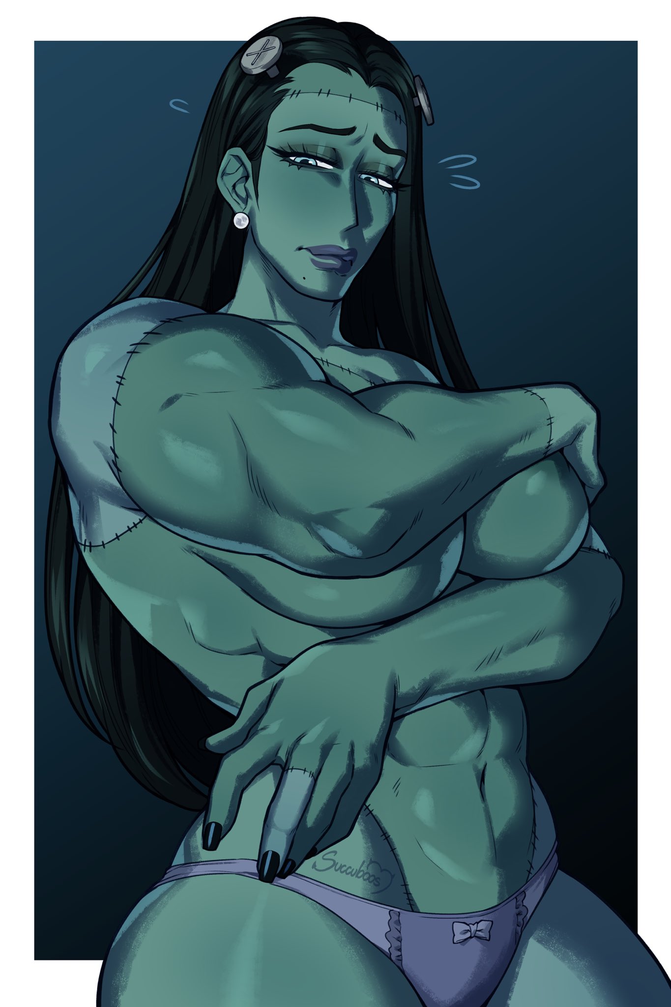 1girls, abs, bernadette (succuboos), black hair, breasts, covering breasts, eyelashes, female, female only, flustered, frankenstein (species), frankenstein's monster, green eyes, green skin, hi res, long hair, looking at viewer, mole, mole under mouth, monster, monster girl, muscular, muscular female, narrowed eyes, panties, rule 63, shy, stitched, stitches, succuboos, topless