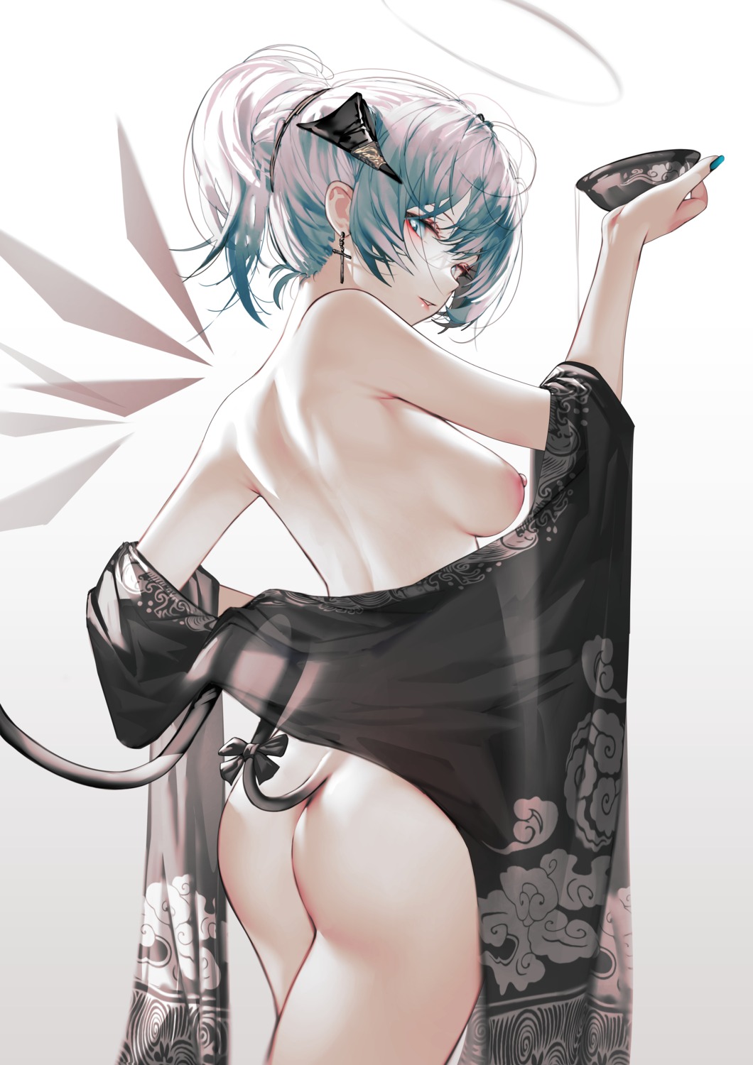 1girls, arknights, ass, blue eyes, blue hair, breasts, earrings, female, horns, iumu, japanese clothes, lifting own clothes, mostima (arknights), nipples, no bra, painted nails, sake, see-through, tail, wings