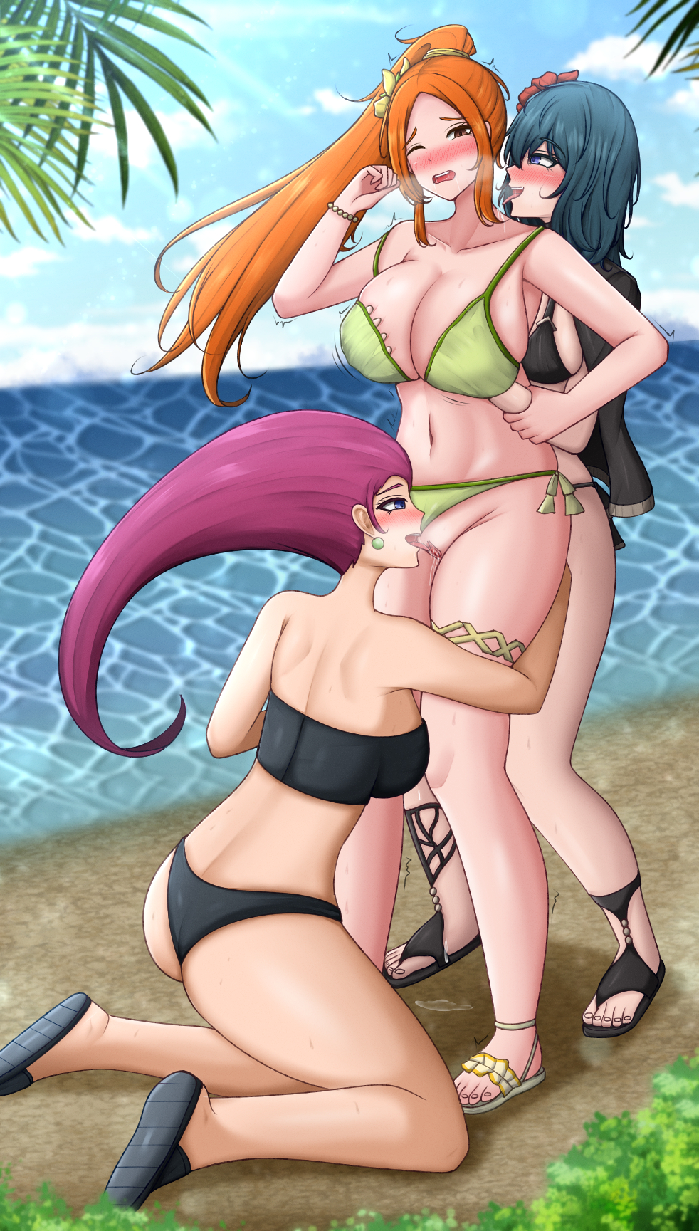 3girls, adult and teenager, beach, beach background, beach sex, big breasts, bikini, bikini bottom aside, bikini only, black bikini, bleach, blue eyes, blue hair, blush, breast grab, breast grab from behind, breasts, breasts bigger than head, byleth (fire emblem) (female), byleth (fire emblem) (female) (summer), byleth (summer) (fire emblem) (female), commission, commissioner upload, crossover, cunnilingus, double breast grab, exposed pussy, female, female only, fff threesome, fire emblem, fire emblem: three houses, green bikini, groping, groping breasts, groping from behind, inoue orihime, intelligent systems, jessie (pokemon), kneeling, lesbian domination, lesbian sex, lesbian threesome, licking neck, long hair, long hair female, navel, nintendo, non-web source, older dom younger sub, older female and younger female, on knees, one eye closed, orange hair, outdoors, pokemon, pussy, pussy juice, pussy juice drip, rabbitttt, rabbitttt01, red hair, saliva, sandals, tagme, threesome, toes, two doms one sub, two on one, yuri