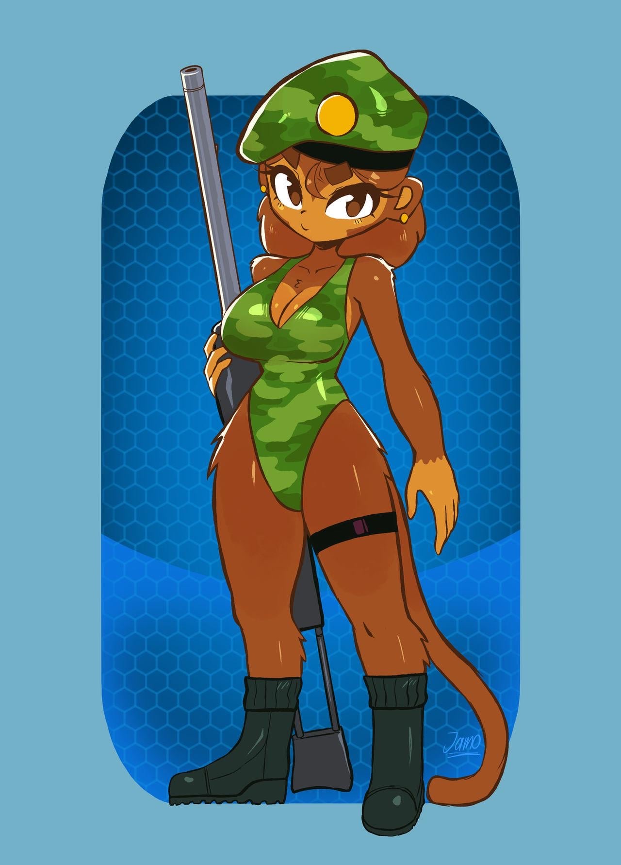 1girl, anthro, beret, bloons td 6, bloons tower defense, brown eyes, brown fur, camo print, cleavage, combat boots, female, female focus, female only, garter, jamoart, monkey, primate, sniper monkey, sniper rifle, solo, tail, weapon