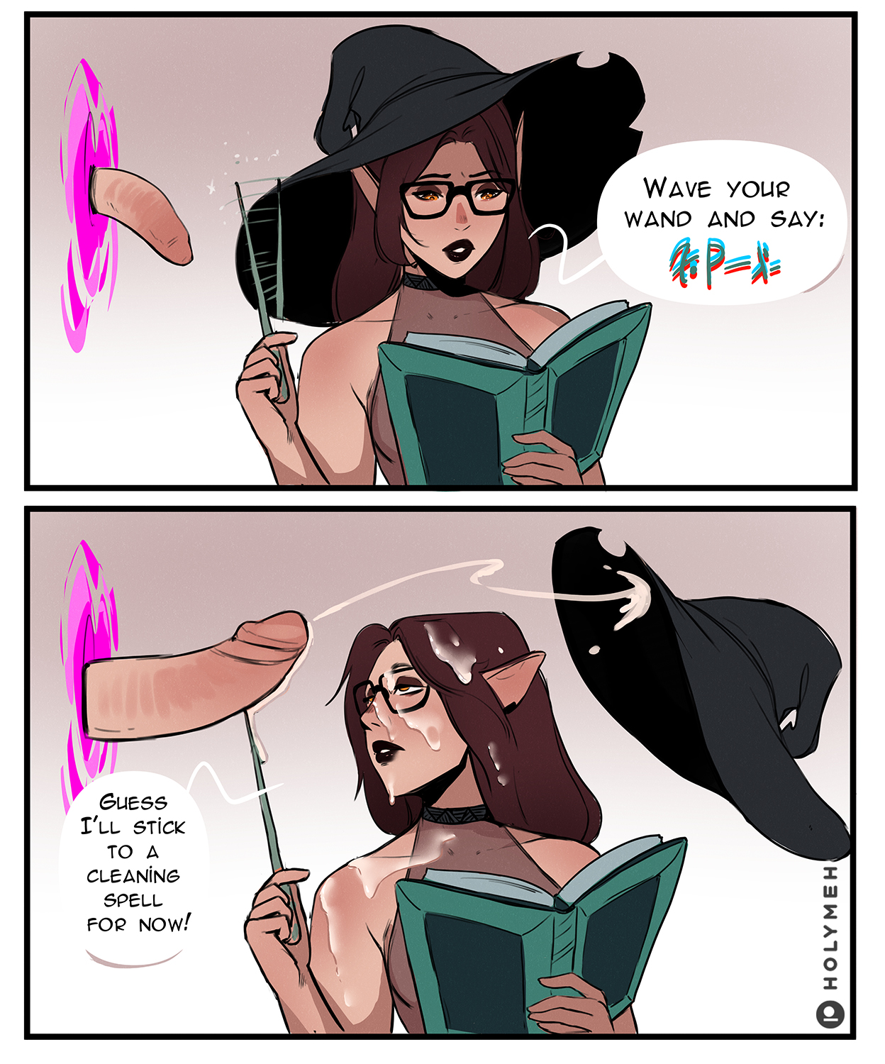 cum, cum on face, dick, female, holy meh, holymeh, male, penis, portal, spell, spellbook, wand, witch, witch hat