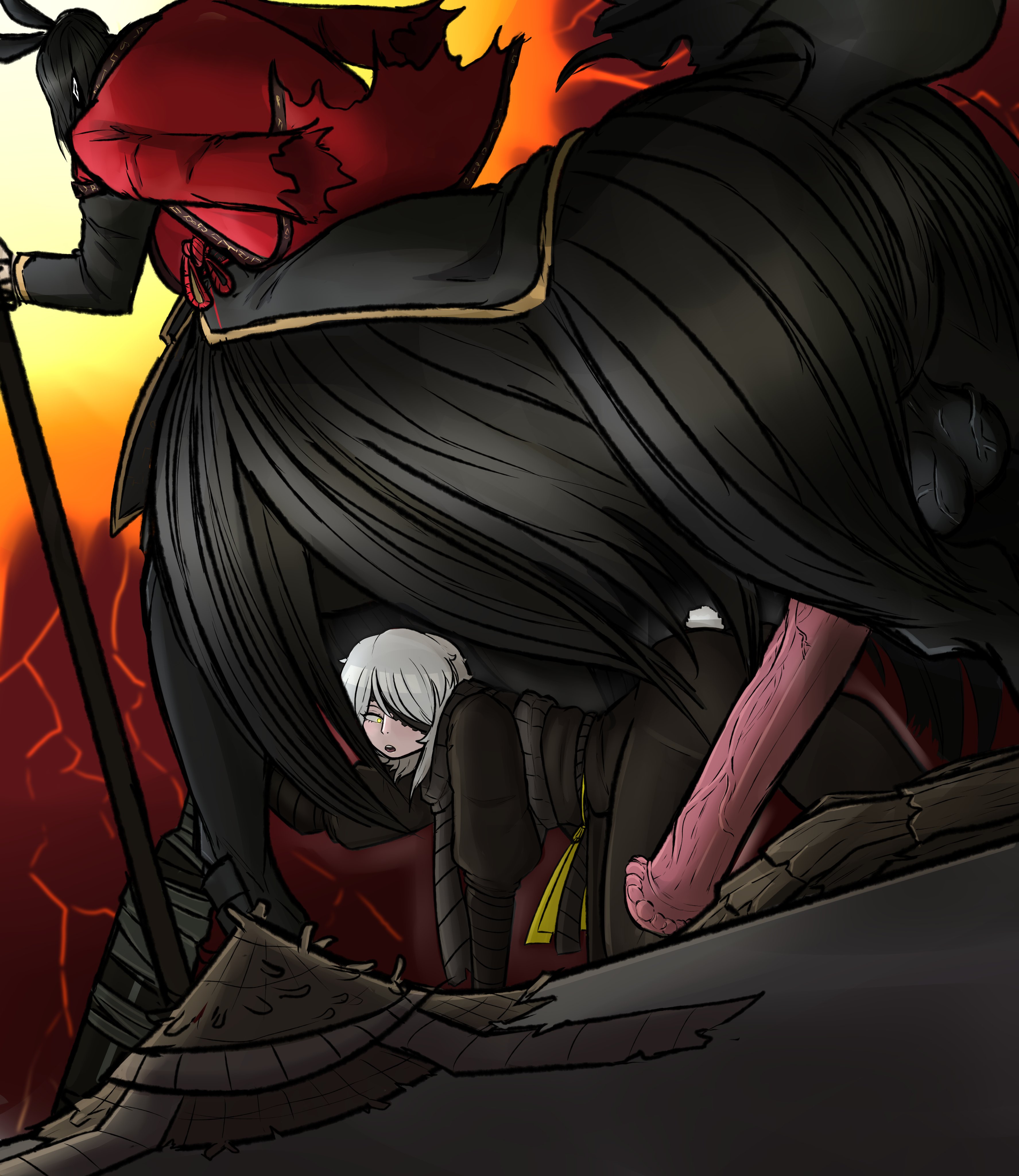 1boy, 1boy1girl, 1girls, annoyed expression, annoyed female, arm wraps, balls, bamboo hat, bark skin, bestiality, big ass, big butt, big dom small sub, big top, black balls, black ears, black fur, black hair, black horse, black mane, black outfit, black rope, black scarf, black tail, blunt penis, bunny tail, centaur, centaur on female, centaur on humanoid, defeated, defeated heroine, dubious consent, erect penis, erection, eyepatch, faust (limbus company), female, flared penis, gold trim, gritted teeth, guandao, hair, height difference, heishou pack-mao branch (identity) (project moon), hikarosena, holy fuck i'm cumming, horse, horse ears, horse penis, horse tail, horseballs, horsecock, huge cock, huge size difference, hung like a horse, large ass, large butt, large penis, large thighs, larger male, larger male smaller female, limbus company, long hair, long hair male, long penis, looking at penis, lots of hair, male, mutated, on all fours, pale skin, pale skinned female, pale skinned male, penis, penis awe, pink penis, project moon, red background, red coat, scarf, short hair, short hair female, short hair with long locks, size difference, sketch, smaller female, testicles, thick ass, thick butt, thick thighs, thighs, veiny penis, veiny testicles, weapon, wei (limbus company), white hair, worried, worried expression, yellow eyes, zoophilia