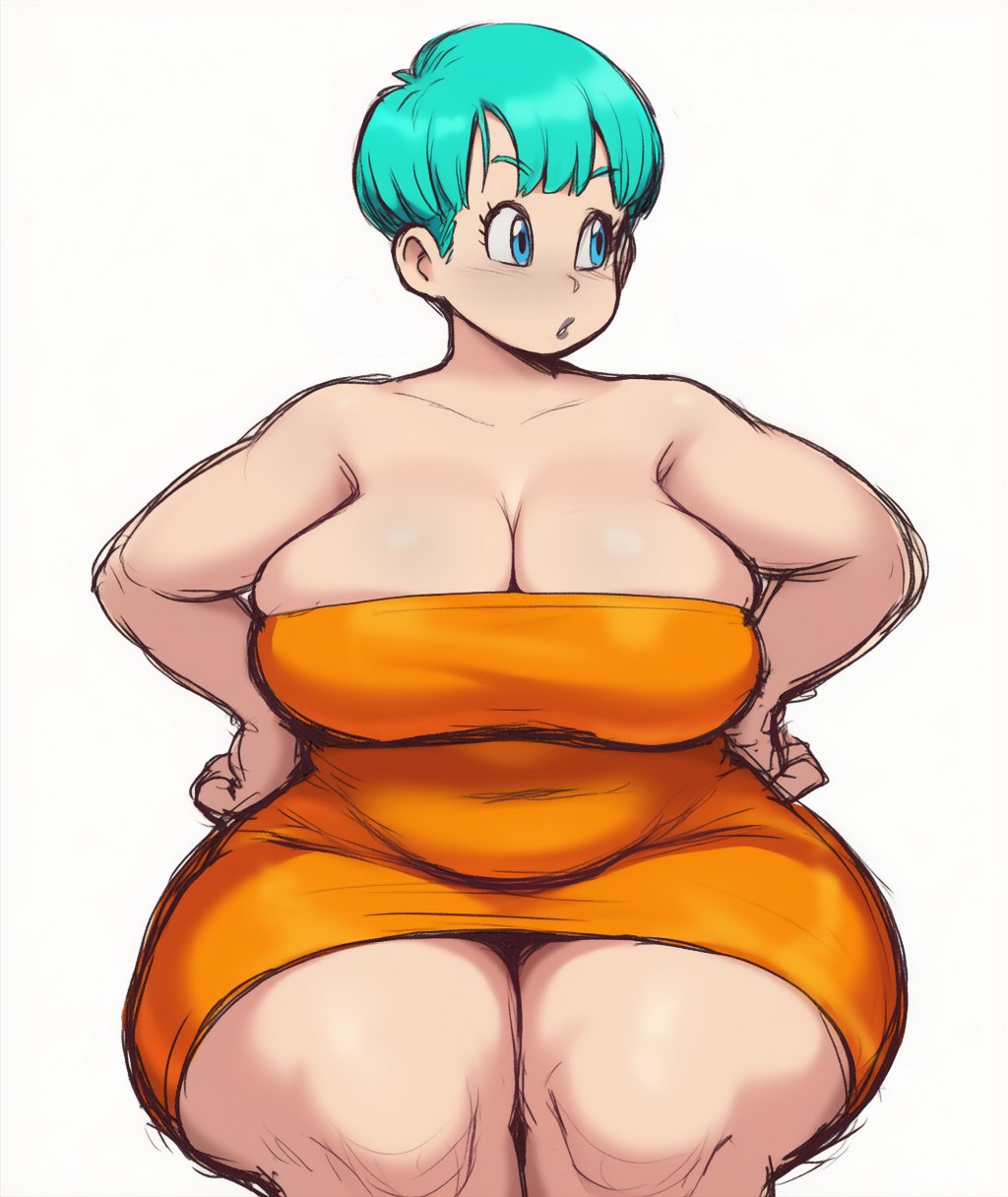 1girls, big breasts, blue eyes, bowl cut, breasts, bulma briefs, cleavage, clothing, colored sketch, crossnsfw, dragon ball, dress, female, female only, hair, hands on hips, hips, huge breasts, mature, mature female, mature woman, milf, mother, orange dress, plump, short dress, short hair, sketch, solo, solo female, teal hair, thick thighs, thighs, undercut, very short hair, voluptuous, voluptuous female, wide hips