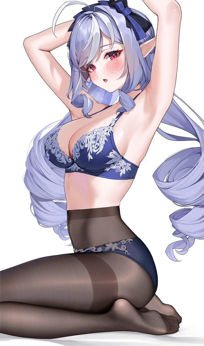1girls, armpits, arms up, breasts, female, hoyoverse, lingerie, long hair, matrix16, mihoyo, pantyhose, purple hair, purple lingerie, red eyes, vivian banshee, zenless zone zero