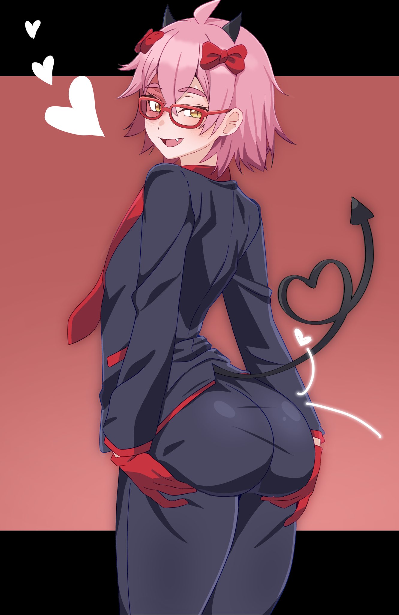 1boy, ahoge, alternate version available, ass, ass grab, bare shoulders, blue eyes, blush, demon, demon tail, fangs, femboy, girly, glasses, gloves, grabbing own ass, heart, horn, humanoid, long hair, looking at viewer, looking back, male, open mouth, original character, pink hair, red hair, ribbon, short hair, solo, suit, tail, tied, trap, yellow eyes, zanegoodell