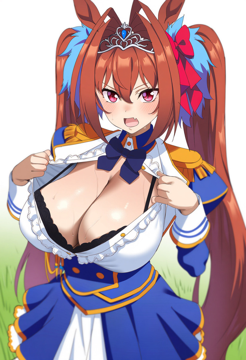 ai generated, animal ears, bra, breasts, costume, daiwa scarlet (umamusume), female, hips, horse girl, pussy, red eyes, ribbon in hair, shiny skin, tiara, twintails, umamusume, umamusume pretty derby